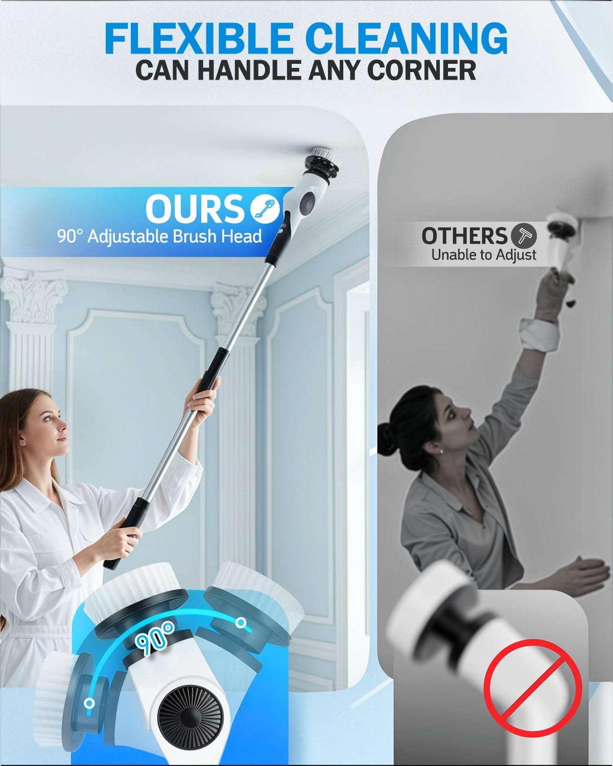 Electric Spin Scrubber with 10 Replaceable Brush Heads, IPX7 Waterproof Shower Scrubber with Long Handle, 3-Speed Adjustable Bathroom Scrubber Electric with Rotating Cleaning Brush