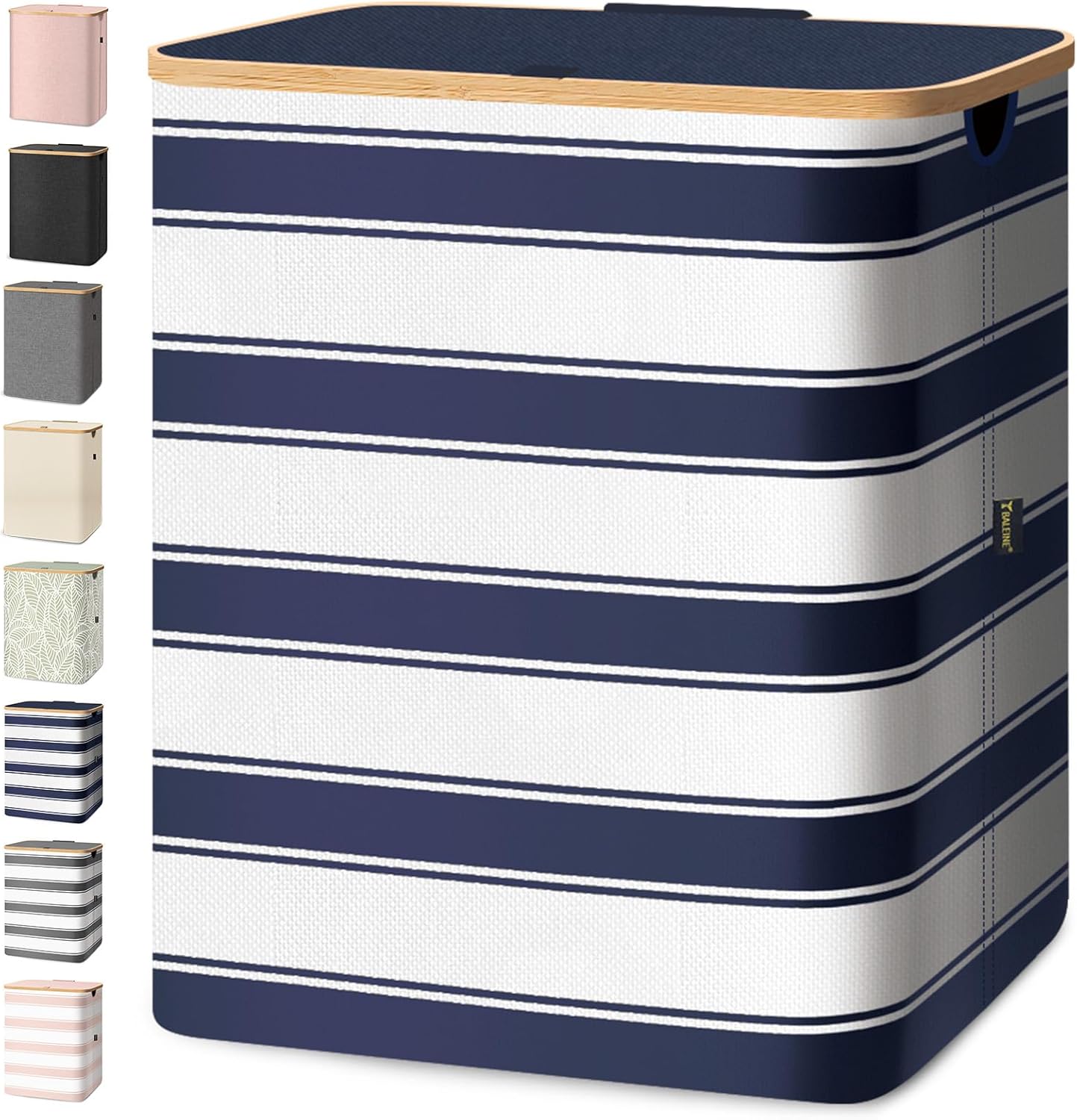 BALEINE Laundry Hamper with Lid, Tall Laundry Baskets with Bamboo Pull Handles, Large Laundry Bin with Internal Support (36 Gal/140L, Blue Stripe)