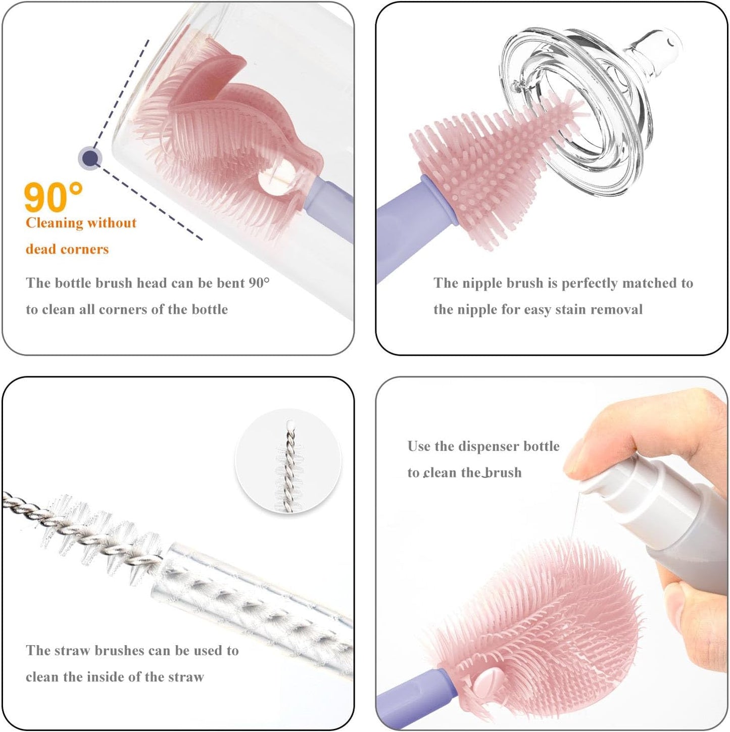 HOEREV Portable Baby Silicone Bottle Brush Set Include Pacifier Brush, Straw Brush, draining Rack, Portable Box