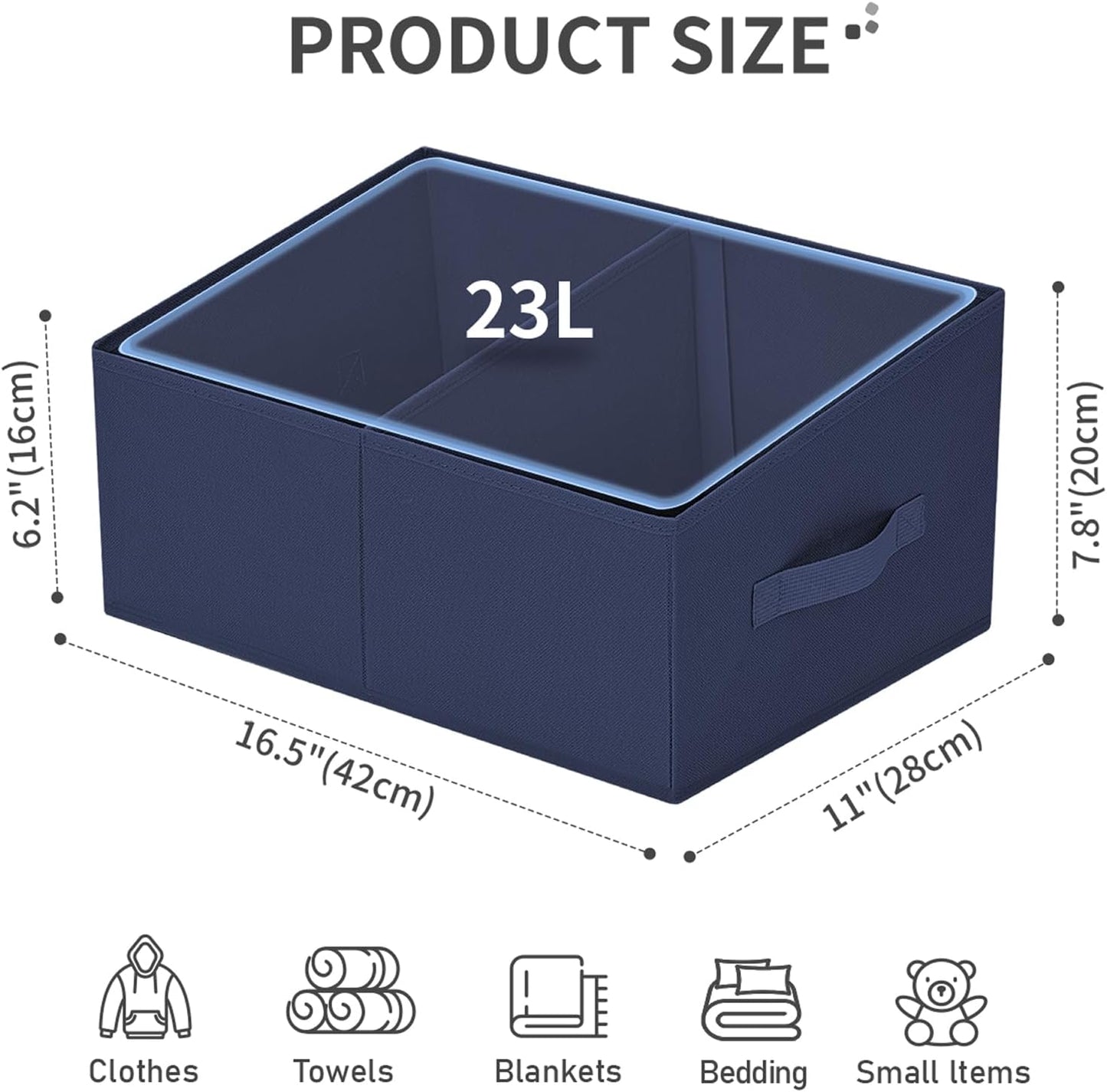 DIMJ Large Closet Shelf Organizer Bins 8Packs with Handles and Divider, Fabric Trapezoid Storage Baskets, Foldable Clothes Containers Box for Shelf, Towel, Book, Toy, Purse, Hats, Navy Blue