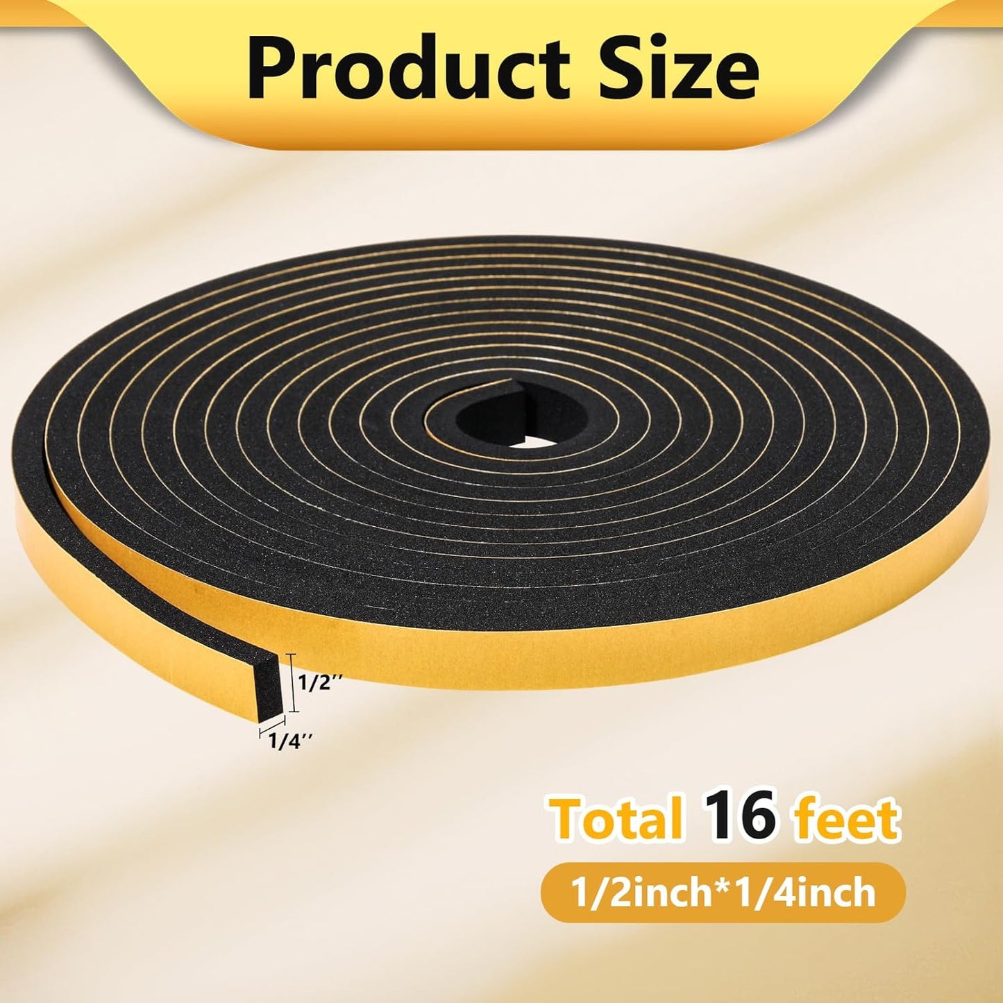 Weather Stripping Door Seal Strip (1/2 Inch X 1/4 Inch X 16Feet), Strong Adhesive, Lightproof, Soundproof, Weatherproof Foam Tape Insulation for Sliding Door, Front Door Frame, Windows- Black