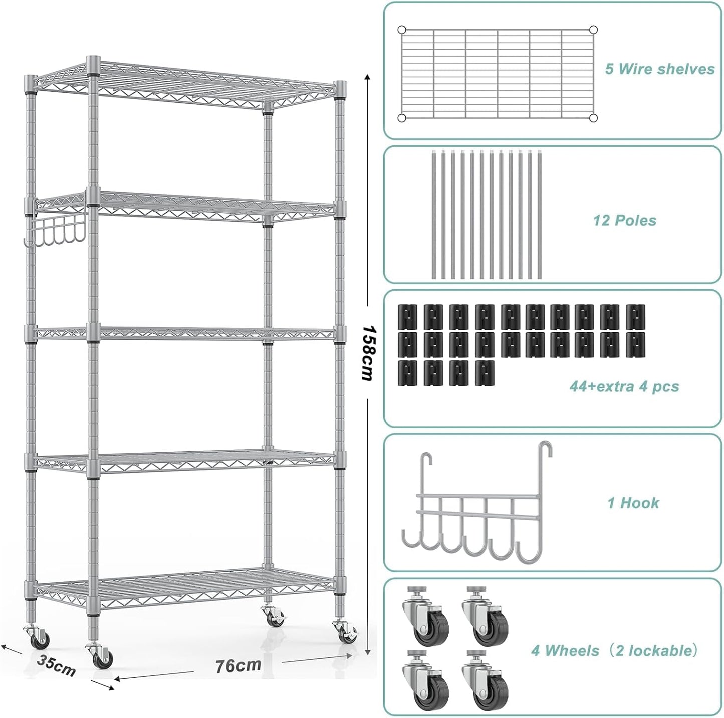 Himimi 5-Tier Storage Shelf Wire Shelving Unit on Wheels, Adjustable Heavy Duty Metal Shelves with Side Hooks, Steel Rack Organization for Kitchen Garage Basement, Silver