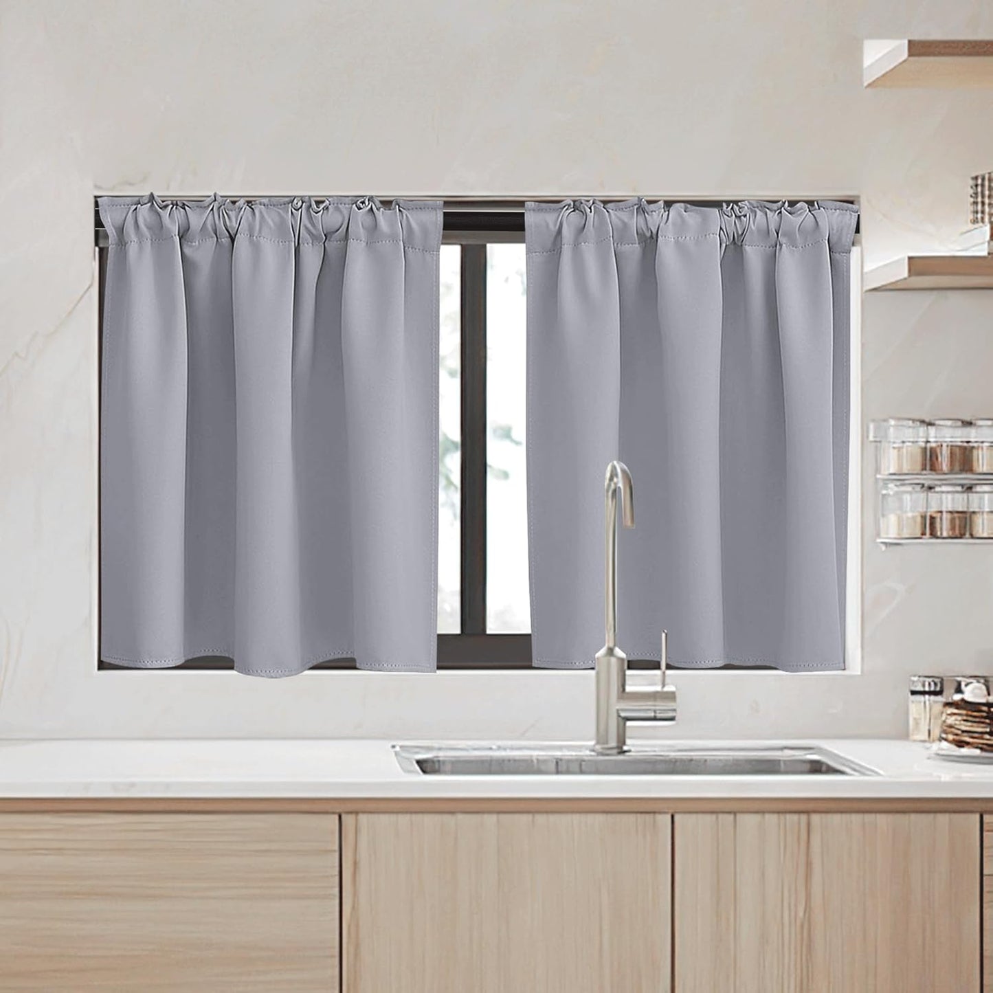 RYB HOME Small Window Curtains - Blackout Insualting Privacy Curtains for Kids Bedroom Kitchen Bathroom Basement Cafe Cabinet Tiers Drapes, 34 Width x 30 Length, 2 Panels, Silver Grey