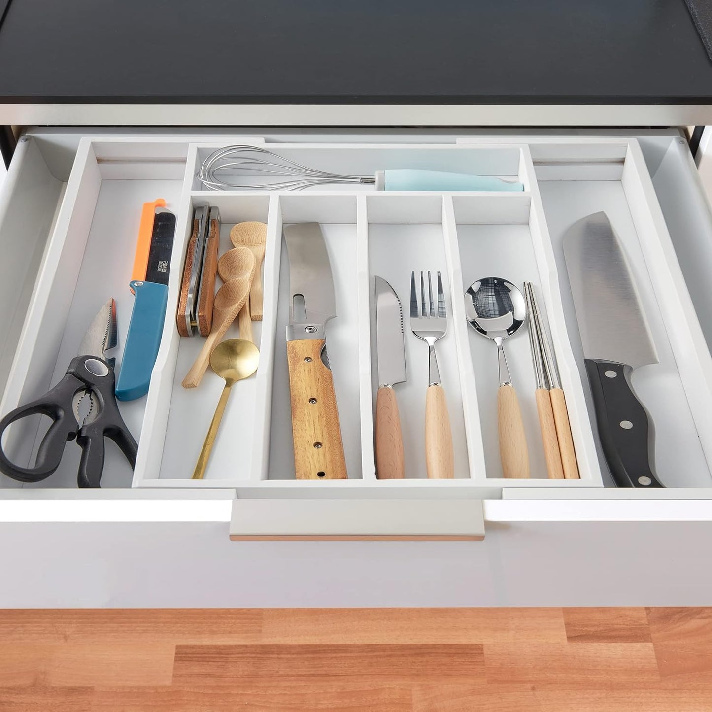 2-Piece Expandable Bamboo Kitchen Drawer Organizer for Cutlery and Utensils, Adjustable Bamboo Wood Cutlery Tray in Drawer for Flatware and Silverware in Kitchen, (White)