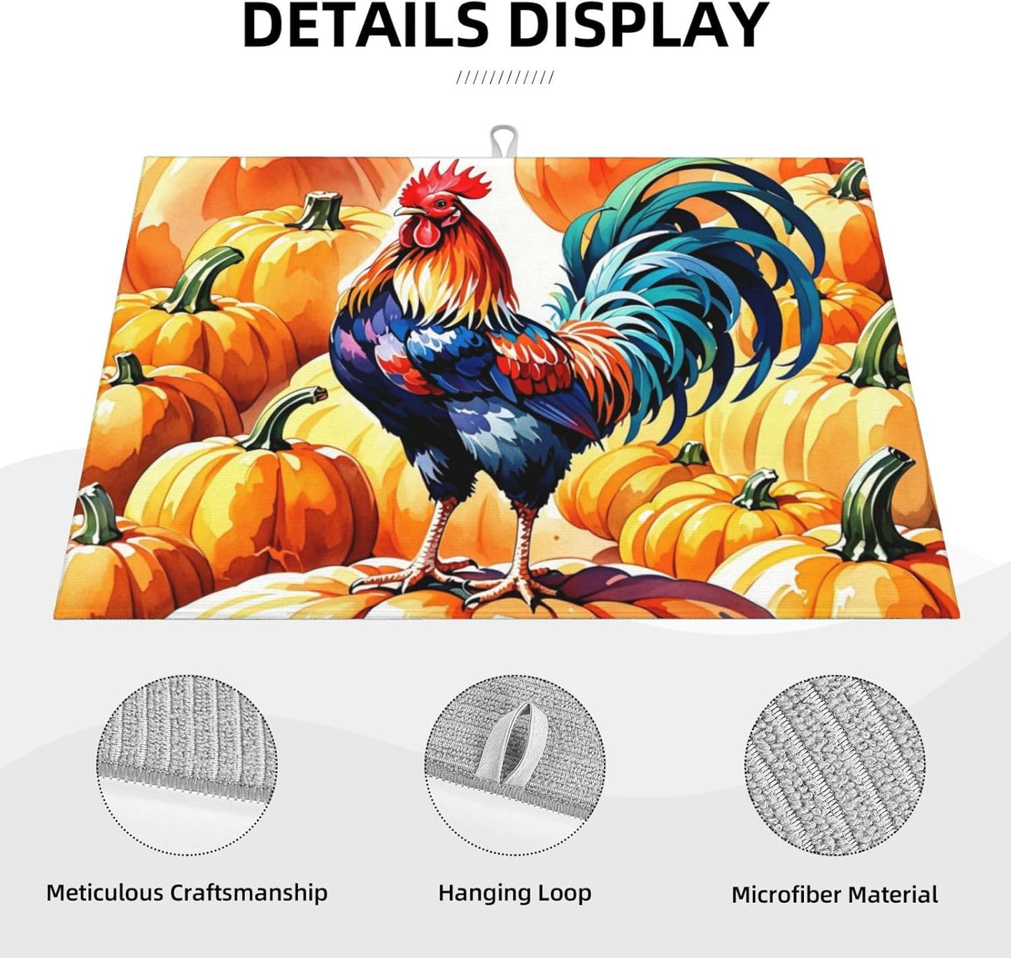 Rooster Pumpkin Dish Drying Mat Highly Absorbent Double-Sided Microfiber with Hanging Loop Reversible Drain Dish Rack Mat Drain Mat Suitable for Kitchen Countertop Coffee Bar 18 x 24 Inch