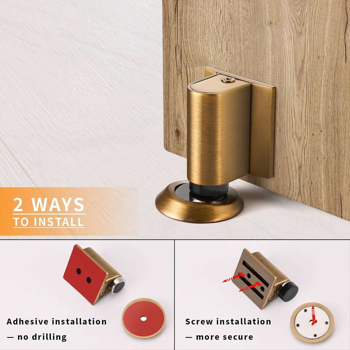 Bak Bo Magnetic Door Stoppers 4 Pack Bottom of Door Holder Keep Door Open No Drilling Magnet Floor Door Stop with Screws and Adhesive Antique Brass DS268AB-4