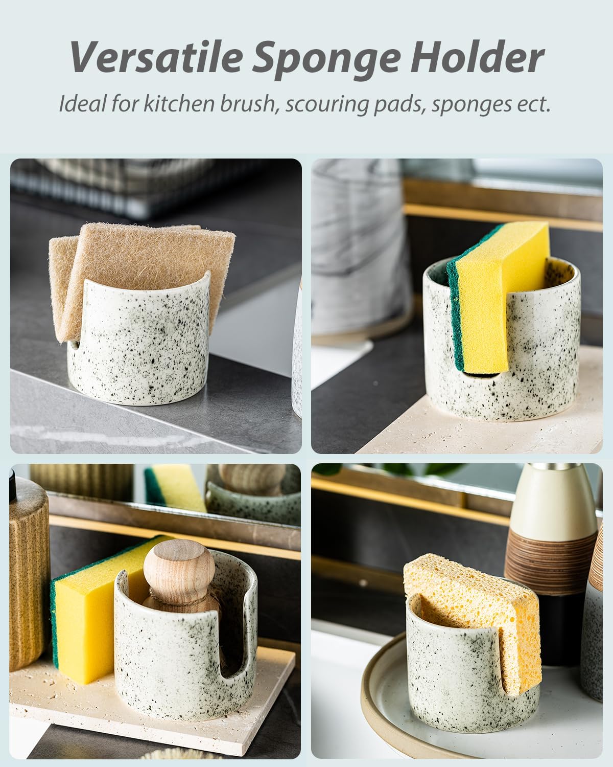 Kitchen Sink Sponge Holder, Dish Sponge Rack Ceramic Brush Holder Farmhouse Kitchen Dish Rack for Brush, Scrubbers, Bathroom, Sink, Speckled Glaze