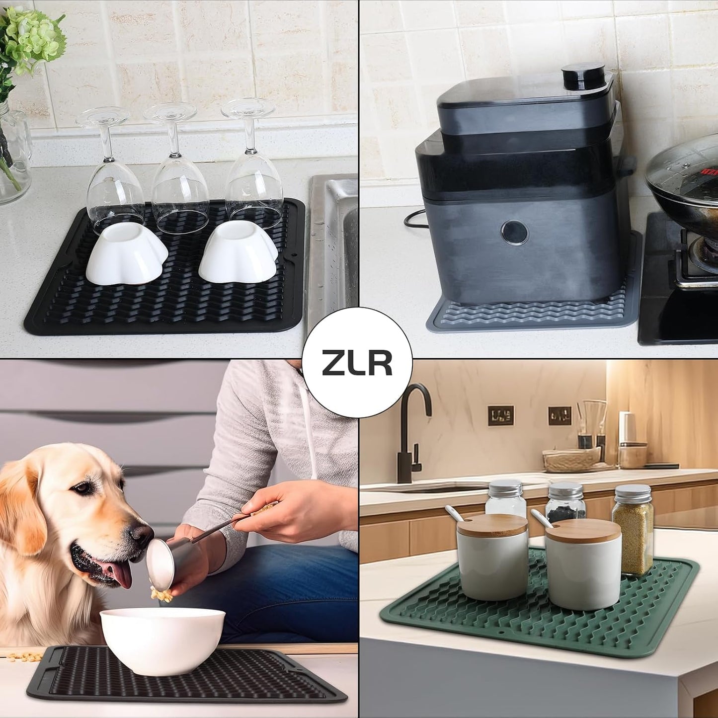 ZLR 2 Pcs Silicone Dish Drying Mats for Kitchen Counter, Eco-Friendly Fast Dry Dish Mat, Easy Clean Multi Usage Drying Matt, Heat Resistant Trivet, 12" x 12" Middle, Gray