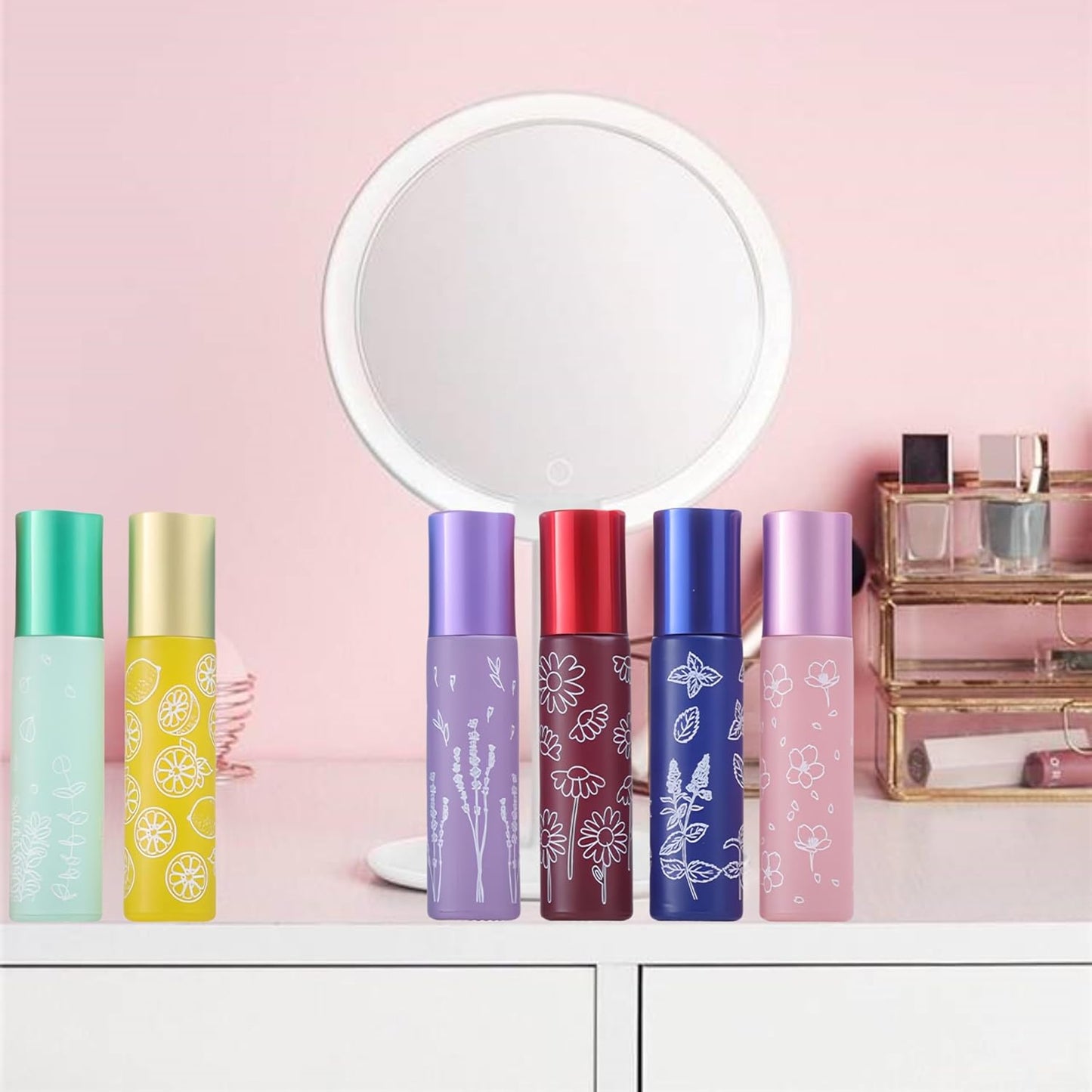 10 Pcs Pink Glass Essential Oil Roller Bottles, 10ml Refillable Roll-on Bottles with Stainless Steel Roller Balls for Travel, Aromatherapy, Lip Balms