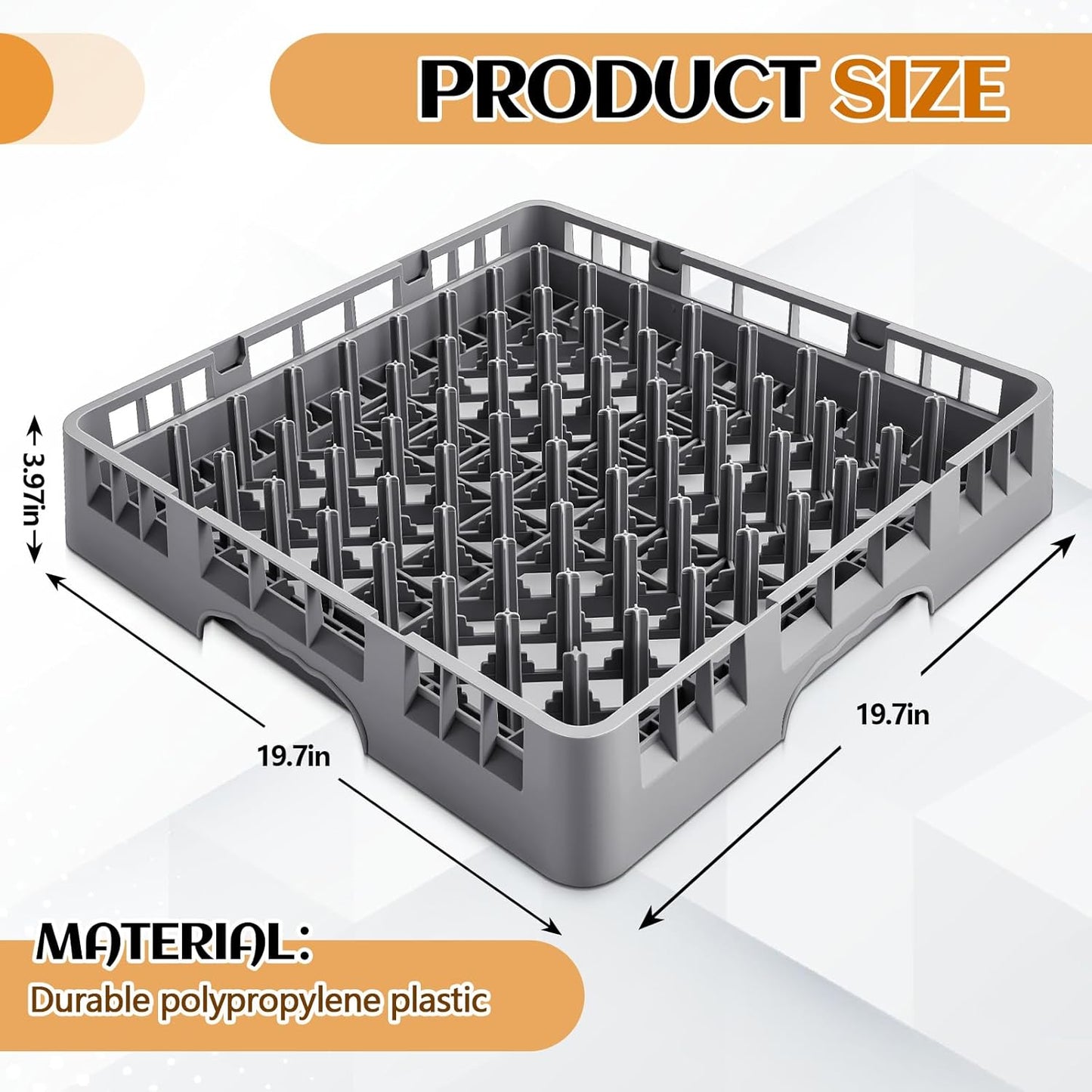 Commercial Dishwasher Tray Rack Polypropylene Full Size Flatware Rack for Bowls Plates Knives Forks Cups(19.7 x 19.7 x 3.97 Inch,Peg Dish,Gray)
