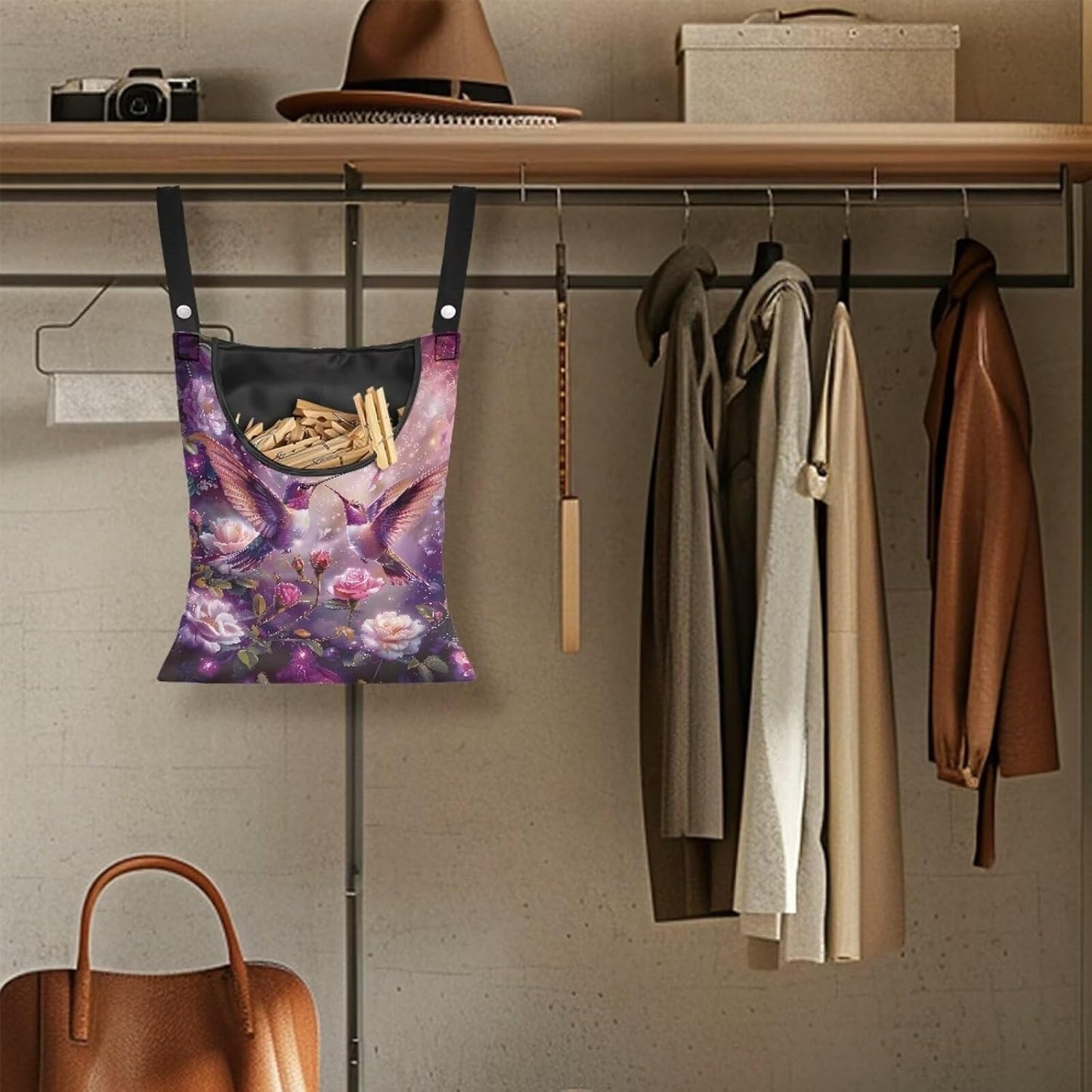 Purple Flower Hummingbird Clothespin Bag with Hanging Hook Summer Laundry Clothes Pin Holder Waterproof Clothes Pin Hanging Bag Clothespin Storage Organizer for Indoor and Outdoor