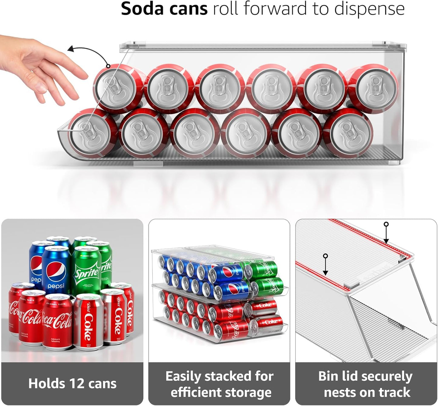 Sorbus Soda Can Organizer for Refrigerator – Stackable Can Dispenser with Lid for Fridge, Pantry, or Freezer – Holds 12 Cans Each, BPA-Free Clear Drink Organizer (4-Pack)