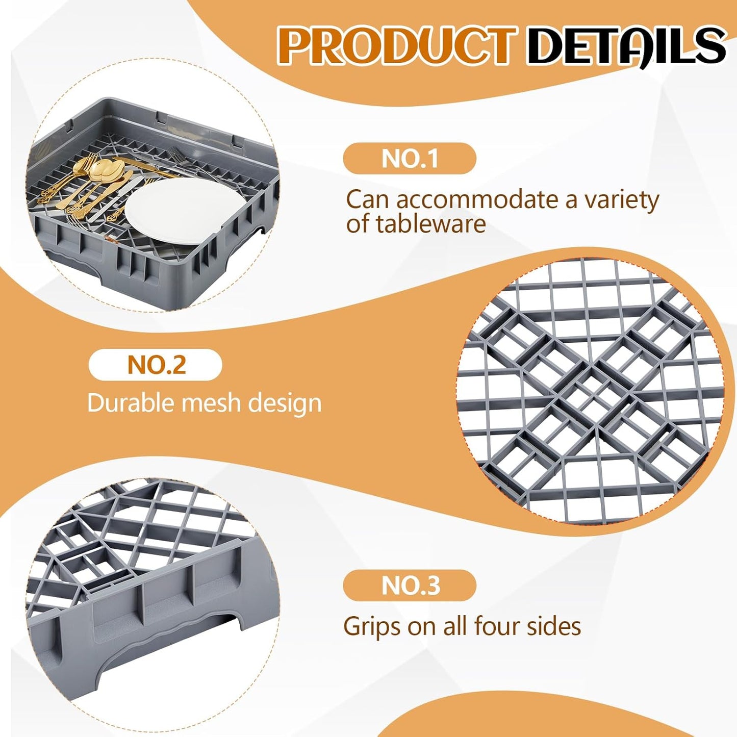 Commercial Dishwasher Tray Rack Polypropylene Full Size Flatware Rack for Bowls Plates Knives Forks Cups, Gray