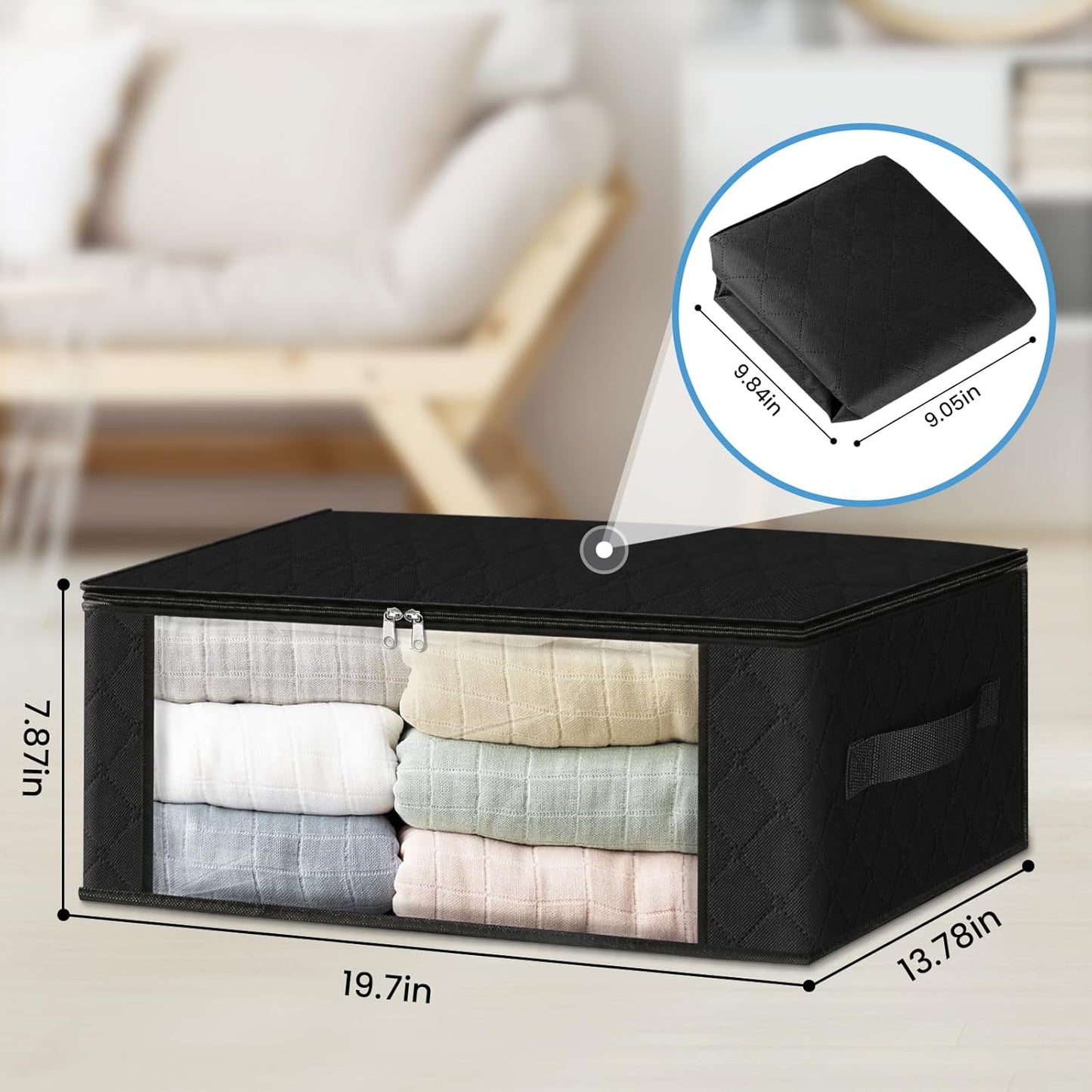 HomeHacks 6-Pack Clothes Organizer Storage Bags Foldable Storage Box with Large Clear Window Sturdy Handles for Closet, Dorm, Pillows, Bedding, Clothes, Stuffed Toys, Blankets, 35L, Black