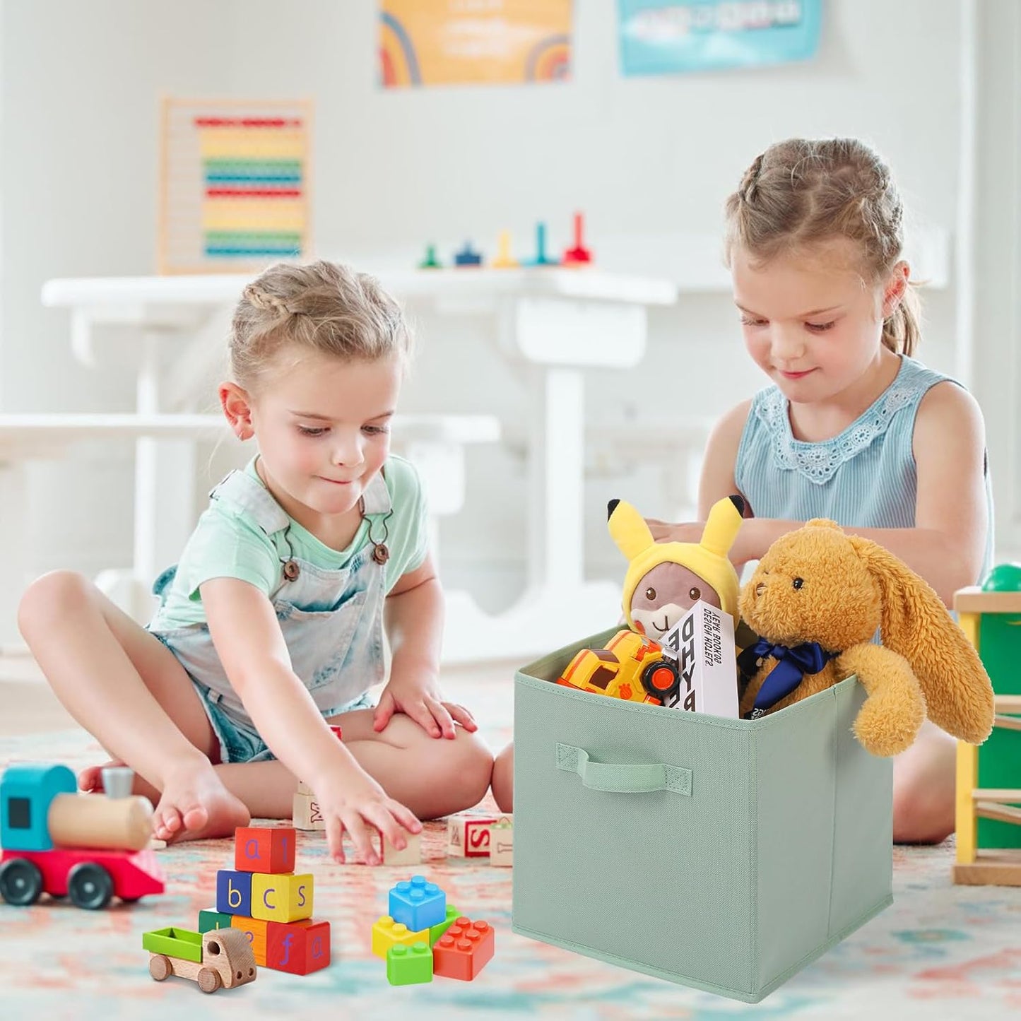 Stero Fabric Storage Bins 6 Pack Fun Colored Durable Storage Cubes with Handles Foldable Cube Baskets for Home, Kids Room, Closet and Toys Organization Cyan, Green, Yellow