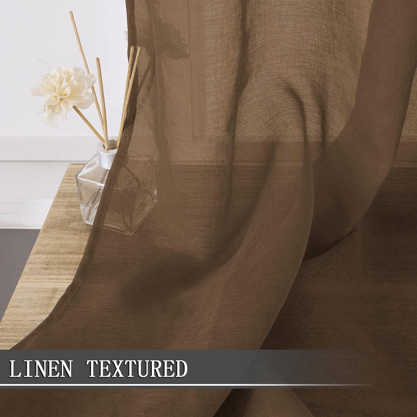 Tollpiz Sheer Curtains Linen Textured Bedroom Curtain Sheers Light Filtering Rod Pocket Voile Curtains for Living Room, 54 x 63 inches Long, Brown, Set of 2 Panels
