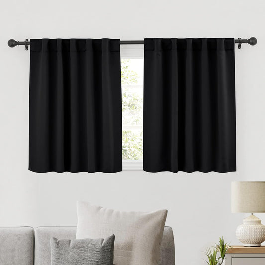 RYB HOME Bathroom Curtains Blackout - Thermal Insulating Privacy Small Window Curtains Short for Bedroom Basement Kitchen Kids Nursery Closet Cabinet, Wide 42 x Long 30 inches, 2 Panels, Black