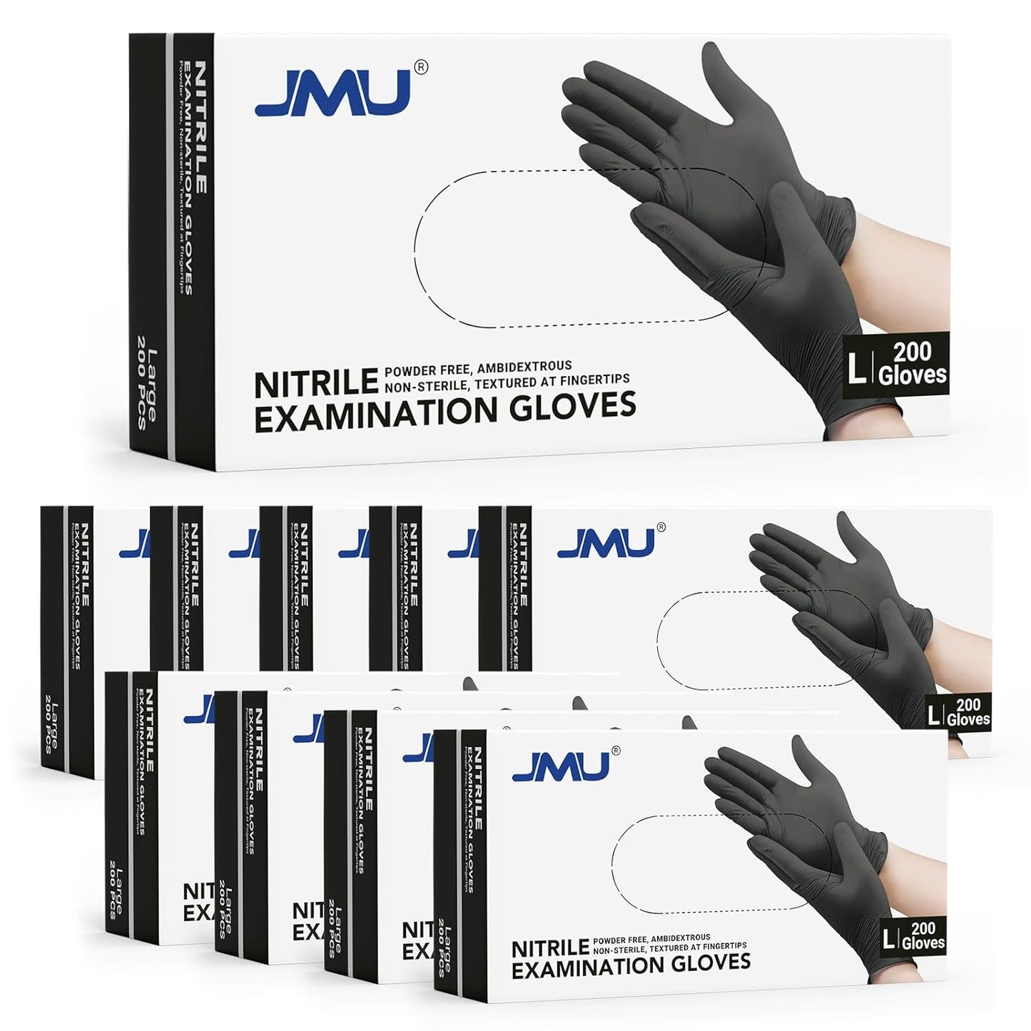 JMU Nitrile Exam Gloves Large Bulk, 2000 Count, 3.5Mil Black Disposable Gloves Latex Free Powder Free