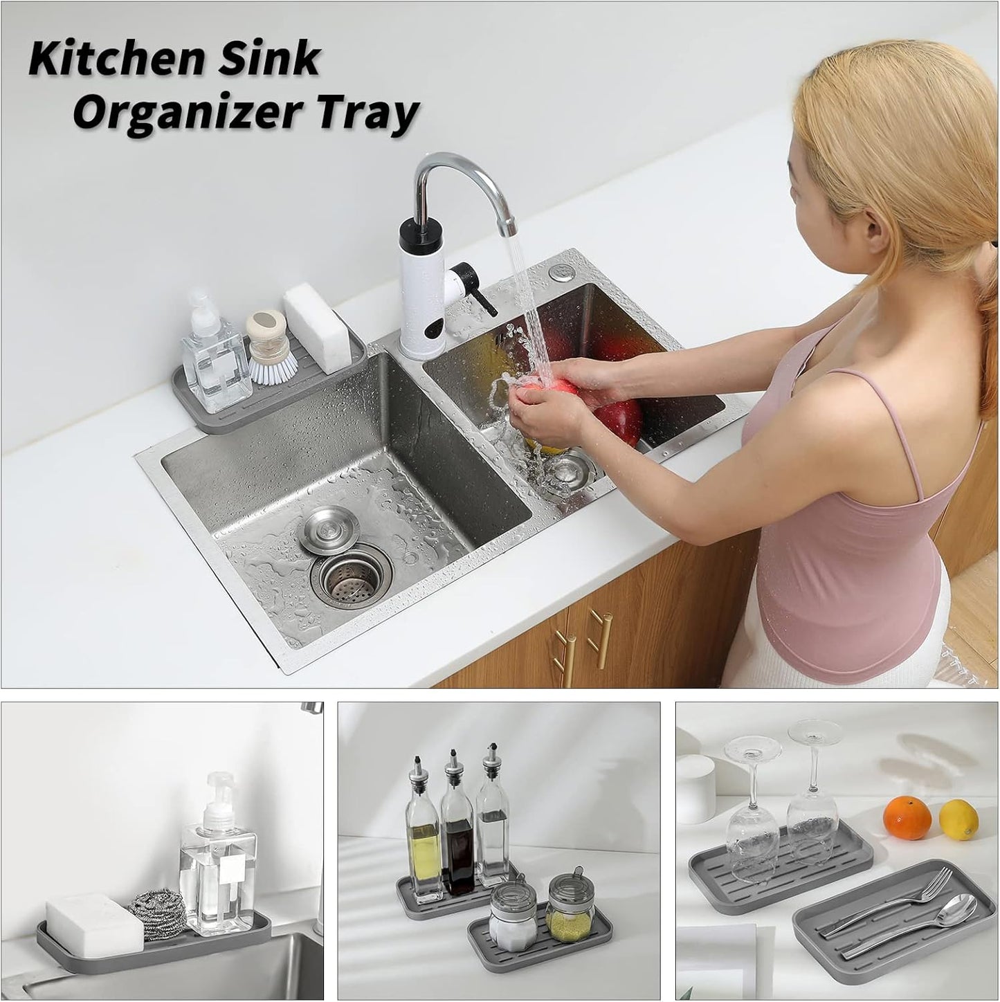 Silicone Kitchen Sink Organizer Tray for Multiple Usage,Eco-Friendly Sponges Holder for Kitchen Bathroom Counter or Sink,Dish Soap Dispenser,Scrubber,Bottle,Cup (Grey, 10"×5.3")