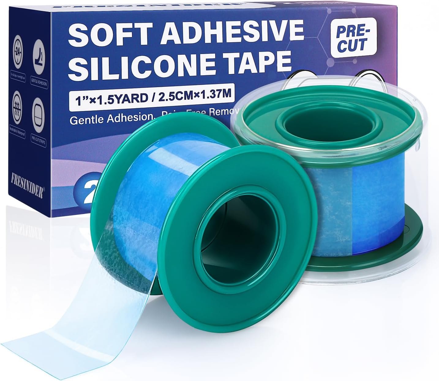 FRESINIDER Silicone Medical Tape – 1" x 1.5 Yard Blue 2 Rolls, Pre-Cut, Waterproof & Repositionable, Pain-Free Removal, Hypoallergenic Adhesive for Sensitive Skin, Wound Care & First Aid Use