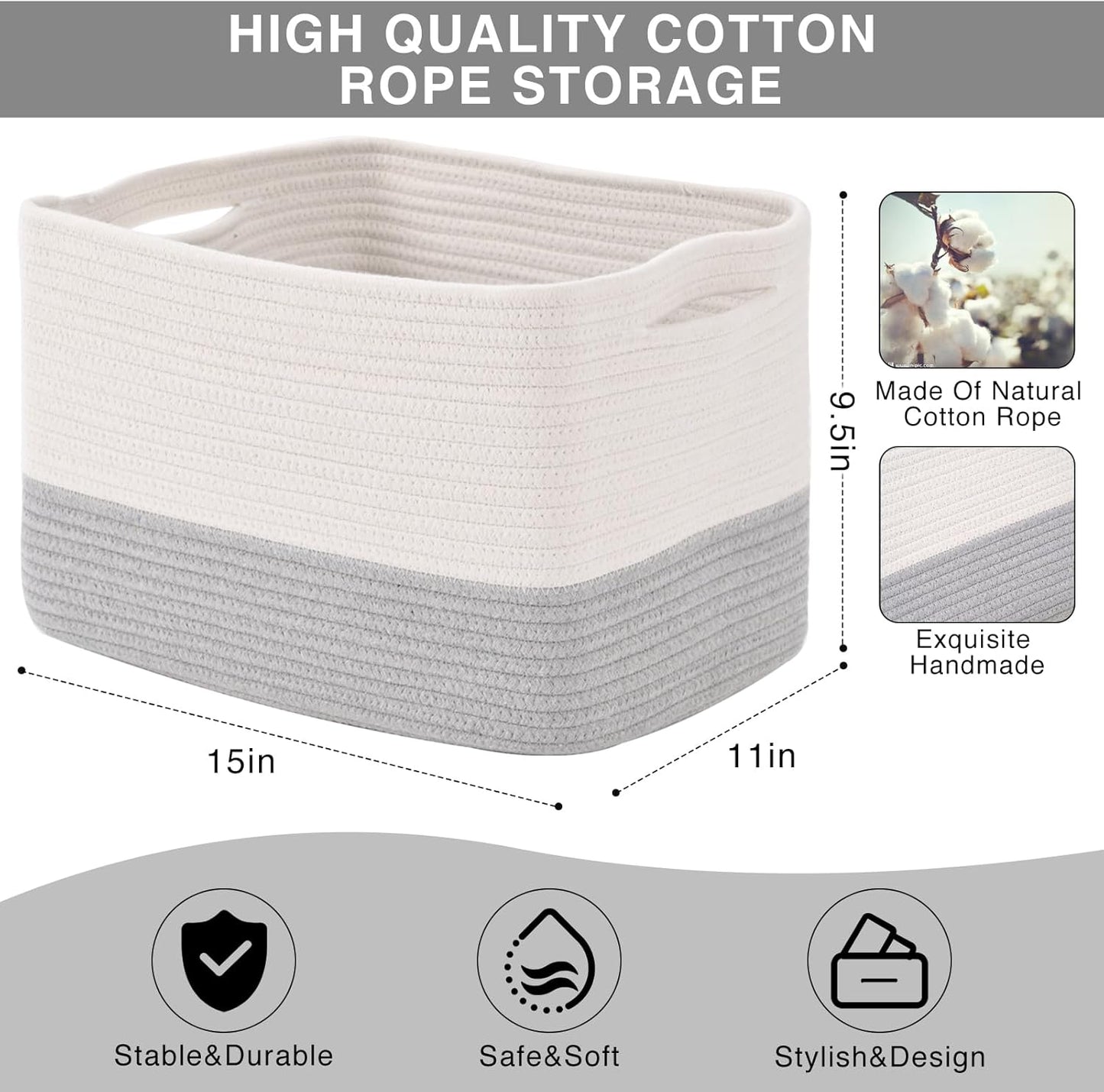 Storage Baskets for Organizing Shelves, Woven Cotton Rope Bins for Baby Nursery Organization, Book Toy Towel Organizer, 15"x11"x9.5", 3 Packs, Off White & Grey