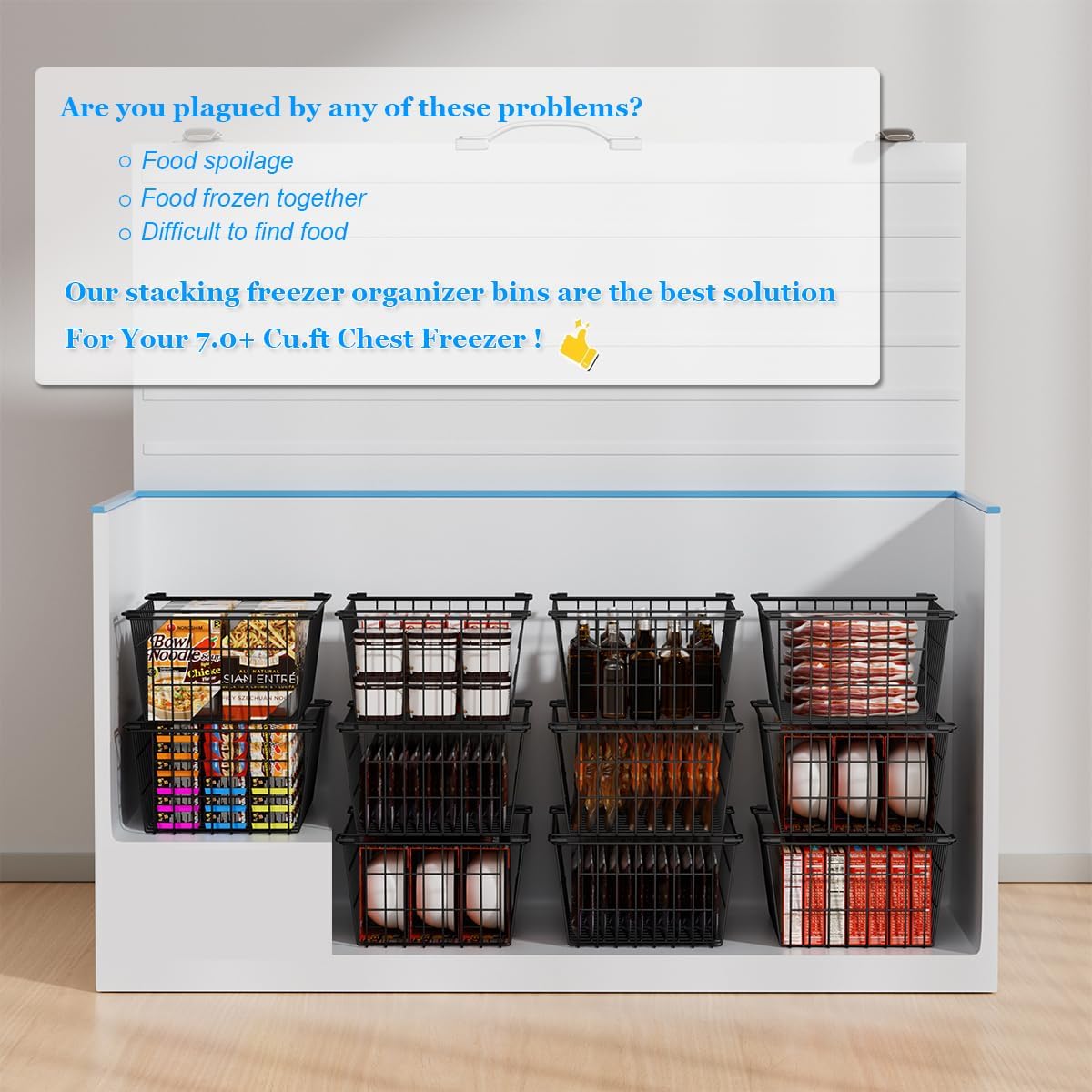 Freezer Organizer Bins, Large Capacity Stackable Baskets for Deep Chest Freezer Easy Get and Sort Bottom Frozen Meats Food Storage Containers Pantry Storage and Organization, 4pcs