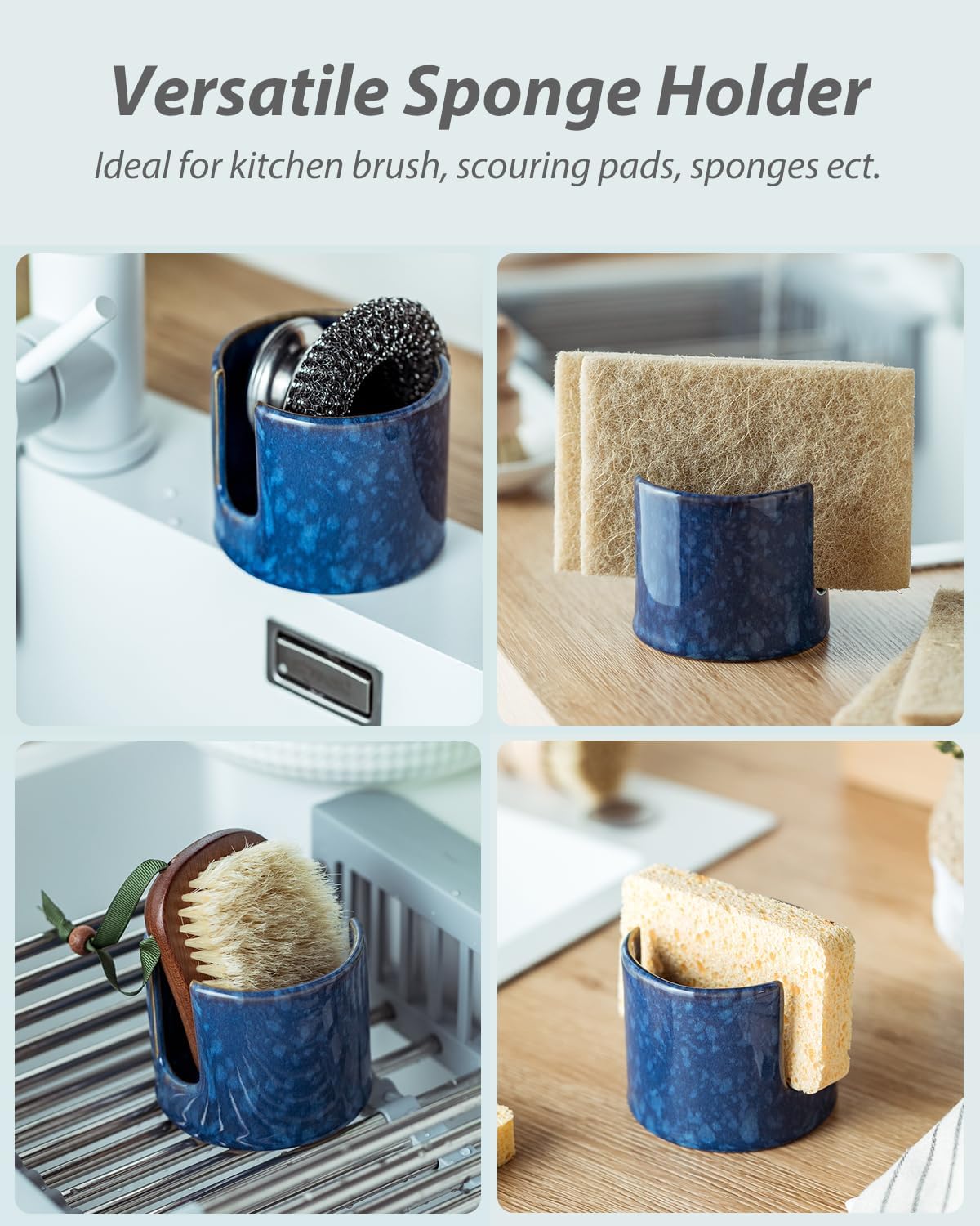 Kitchen Sponge Holder, Ceramic Sponge Organizer Scrubby Holder Sink Caddy Dish Rack for Kitchen and Bathroom, Farmhouse Decor, Blue