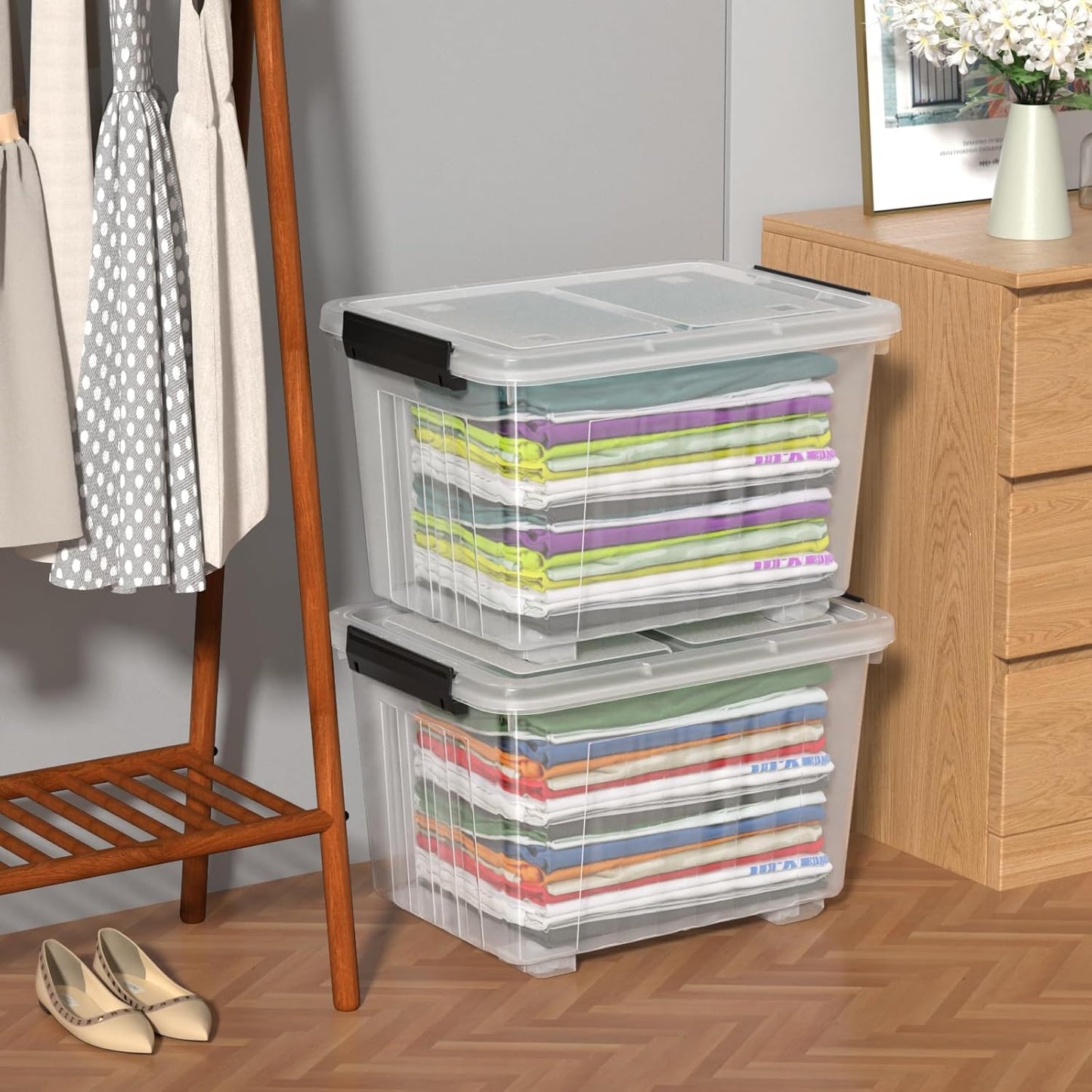 Kiddream 50 Quarts Clear Plastic Latching Boxes with Wheels, Large Storage Bins with Lids Set of 4