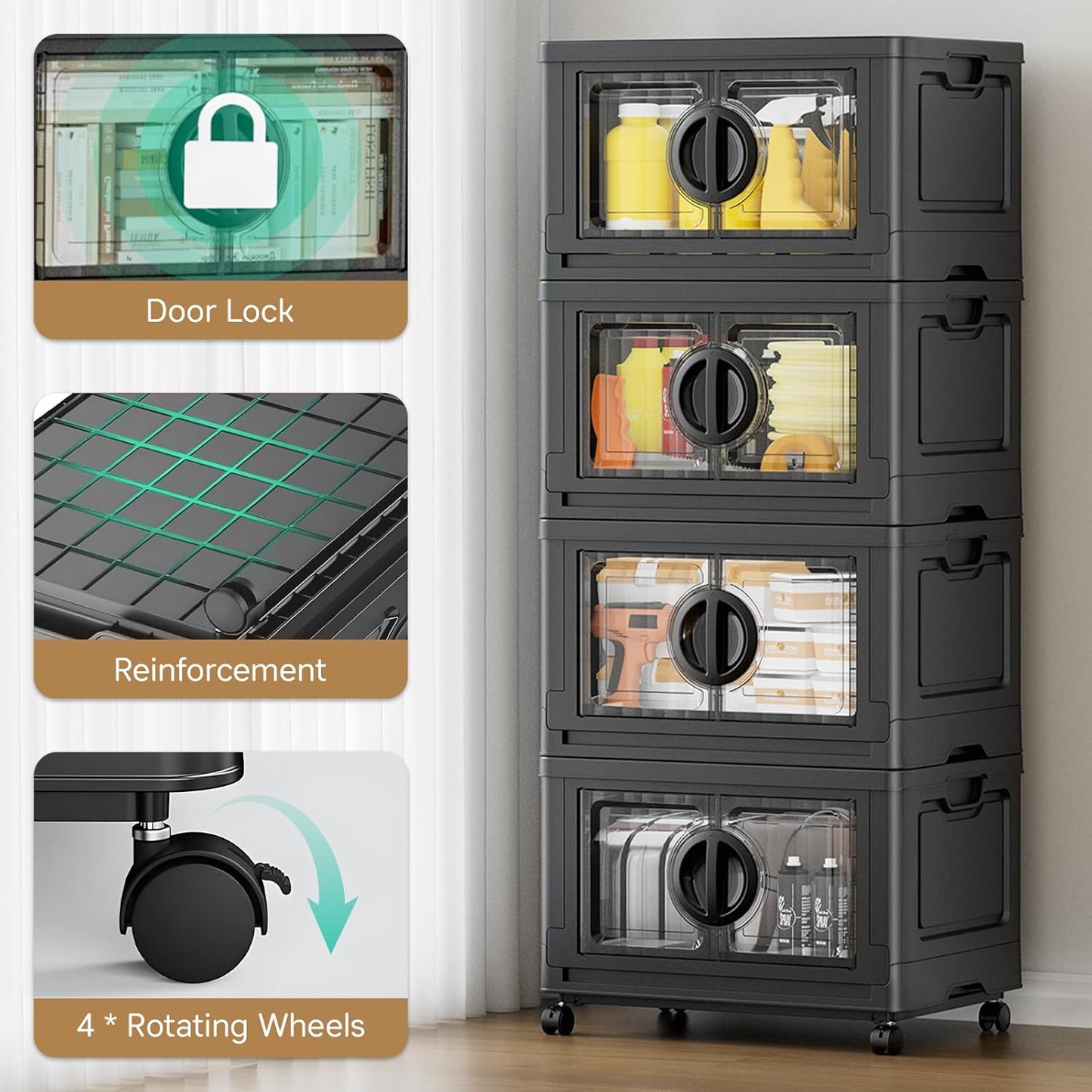 JEKO&JEKO 332Qt Lockable Stackable Storage Bins with Lids, Collapsible Closet Organizer with Wheels, Plastic Cabinet Drawer for Clothes, Dorm Room 4 Pack (Black)