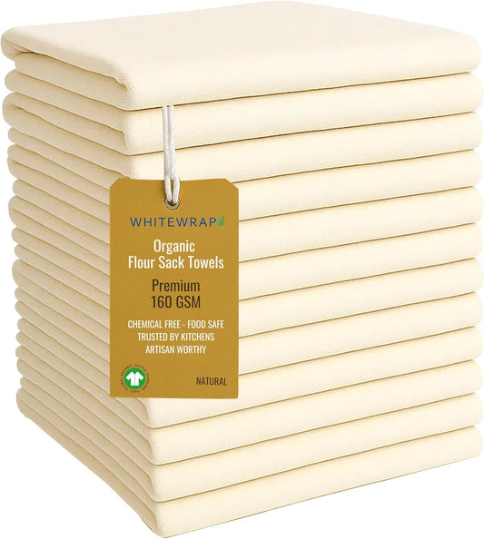 WHITEWRAP Flour Sack Towels| Tea Towel for Crafts| Kitchen Dish Cotton Blank Towel for Embroidery| Baking Bread Proofing Linen Cover| Thick Absorbent Quick Dry| 12Pack 28"x28" Natural