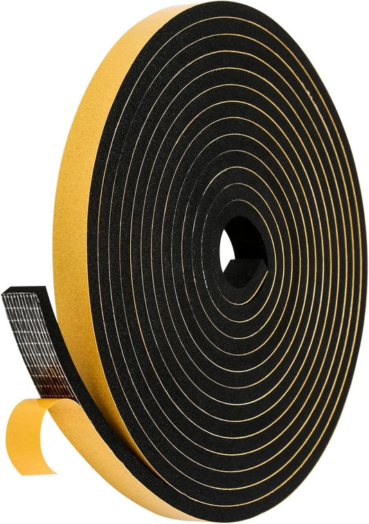 Black Weather Stripping Door Seal Strip (3/5 Inch X 1/4 Inch X 16Feet), Strong Adhesive, Lightproof, Soundproof, Weatherproof Foam Tape Insulation for Sliding Door, Front Door Frame, Windows