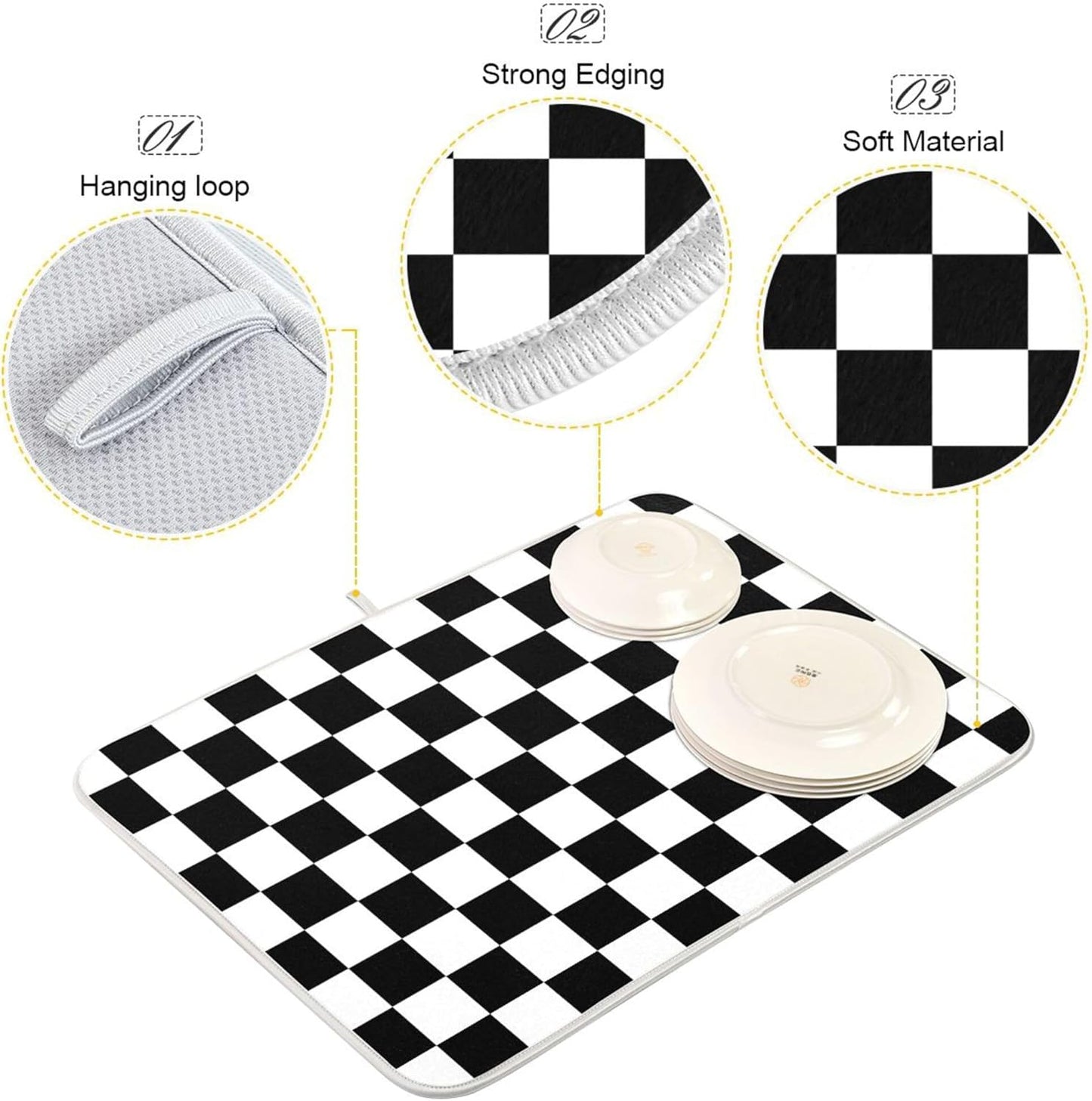 Black White Chessboard Dish Drying Mat for Kitchen Countertop 16x18 Plaid Checkered Rectangle Small Drying Mat Reusable Quick Dry Dish Sink Absorbent Mats Easy Clean Decorative Home Essentials