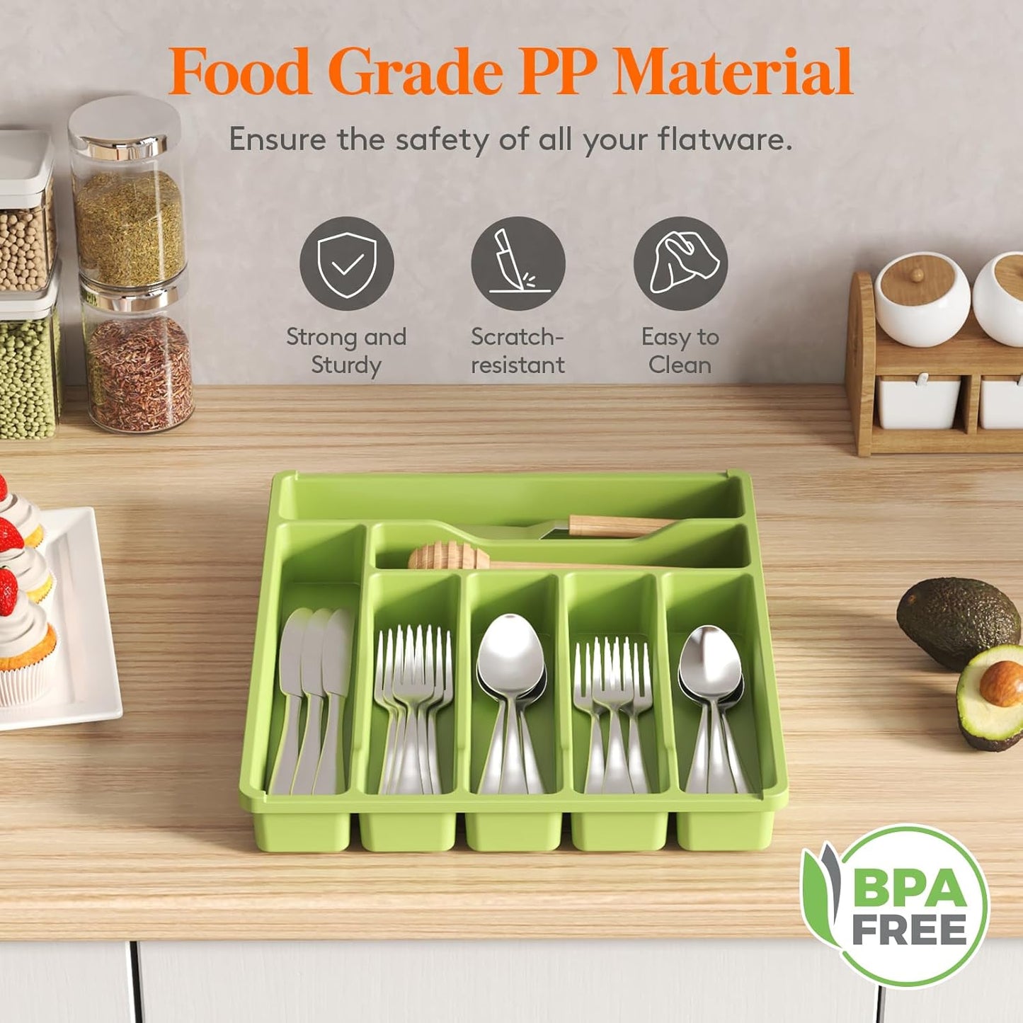 Lifewit Silverware Drawer Organizer Tray, Plastic Cutlery Storage for Kitchen Drawer, Flatware and Utensil Holder Divider for Spoons Forks Knives Tableware, 7 Compartment, Green