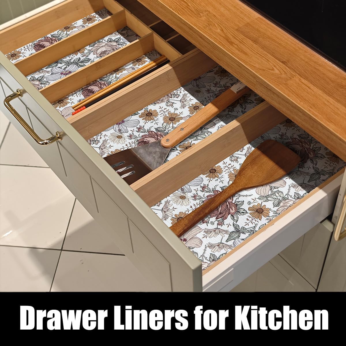 Floral Drawer Shelf Liners, 12IN x 20FT Non Adhesive and Strong Non-Slip Cabinet Drawer Shelf Liners for Kitchen Wire Fridge, Waterproof Shelf Liner,Easy to Clean