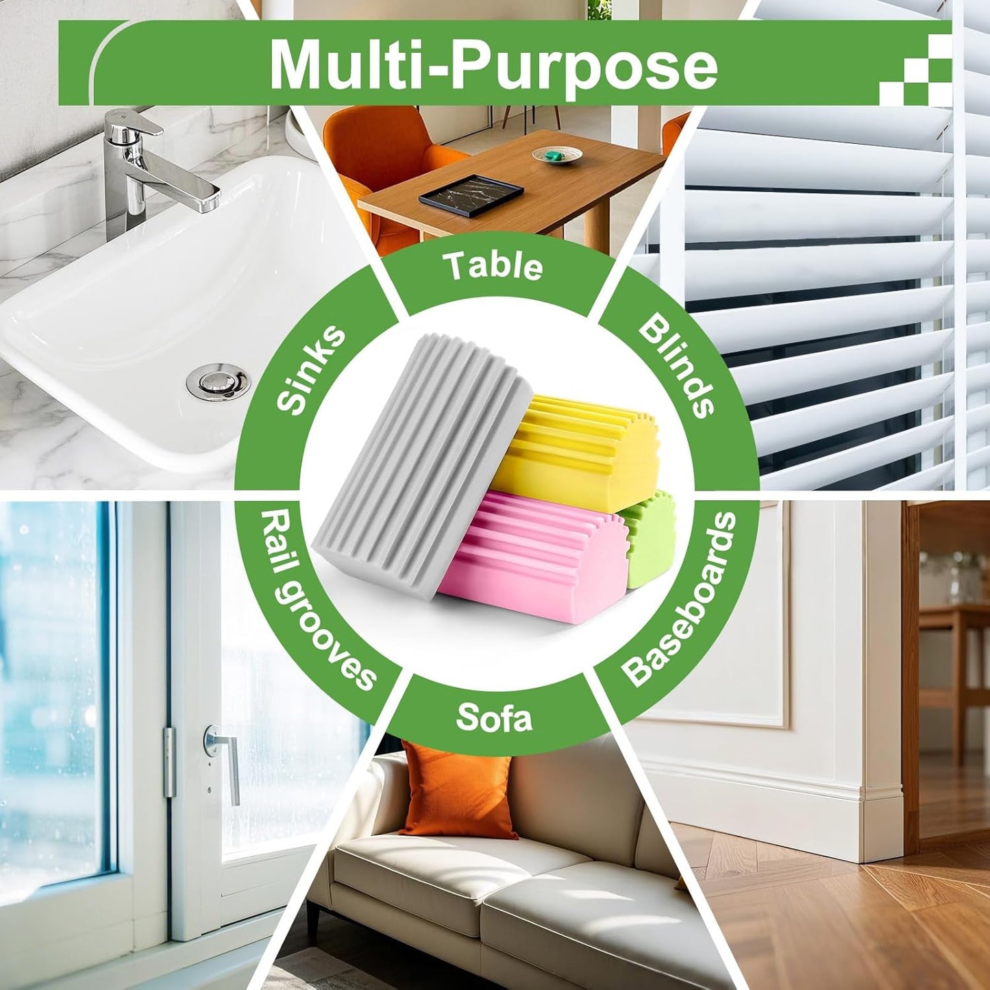 4-Pack Damp Clean Duster Sponge,Reusable Magic Dusting Sponge Brush for Cleaning Blinds, Glass, Baseboards,Vents,Railings,Mirrors,Window Track Grooves and Faucets (Grey,Yellow,Pink,Green)