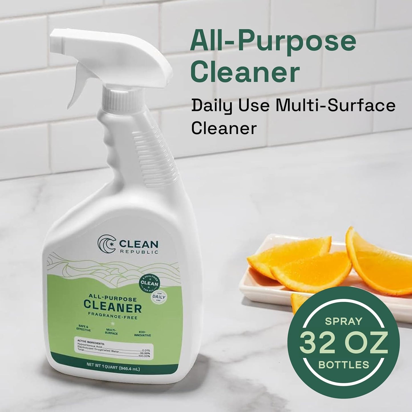 Clean Republic All-Purpose Cleaner, Daily Use Cleaning Spray for Kitchens, Bathrooms, and More, 32 Fluid Ounce Bottle, 2-Pack