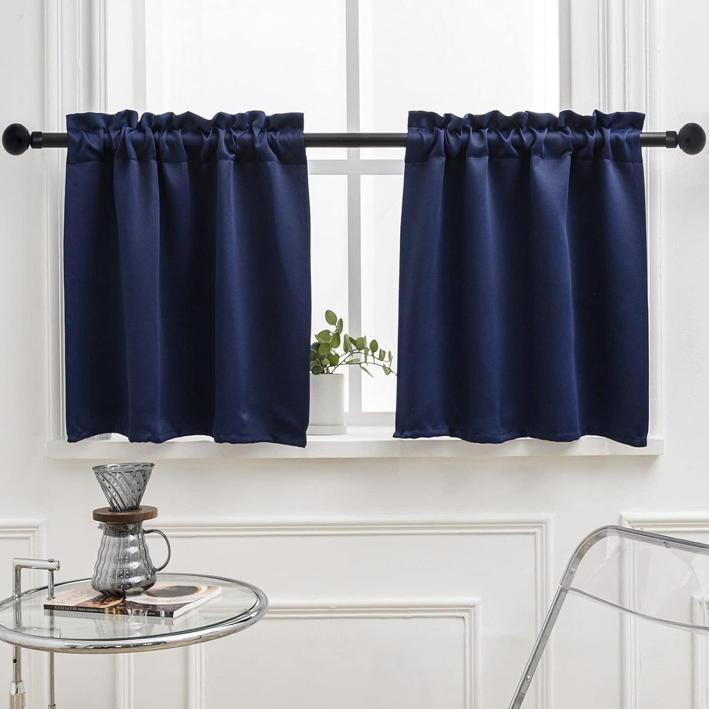 Pickluc Rod Pocket Tier Curtain - Half Blackout Curtain for Kitchen, Bathroom, Cabinet, Basement, 42 Inches Wide and 24 Inches Long, Navy, 2 Panels