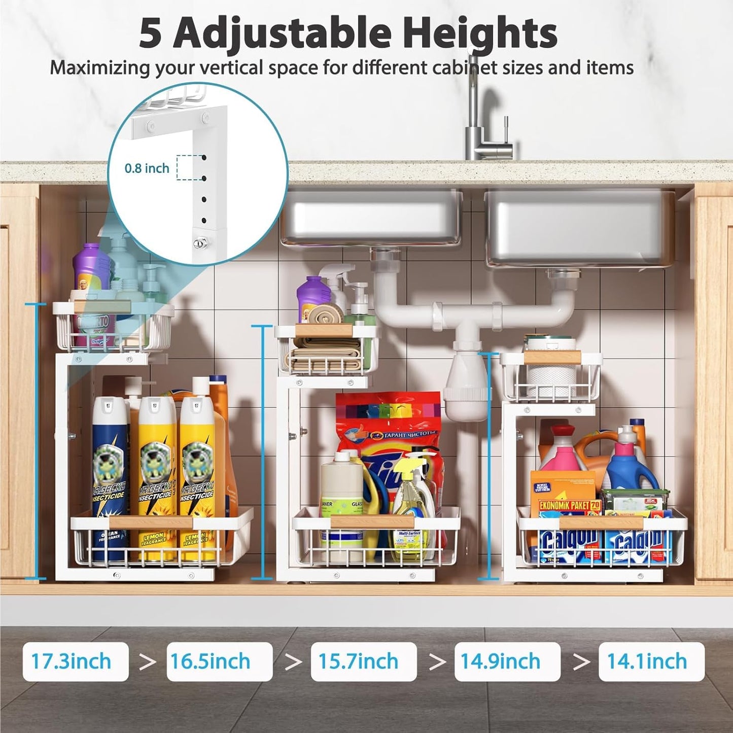 Under Sink Organizer 2 pack, 2 Tier Slide Out Under Sink Organizers And Storage, Height Adjustable Pull Out Cabinet Drawers, Kithcen Bathroom Metal Storage Caddy Shelf, White