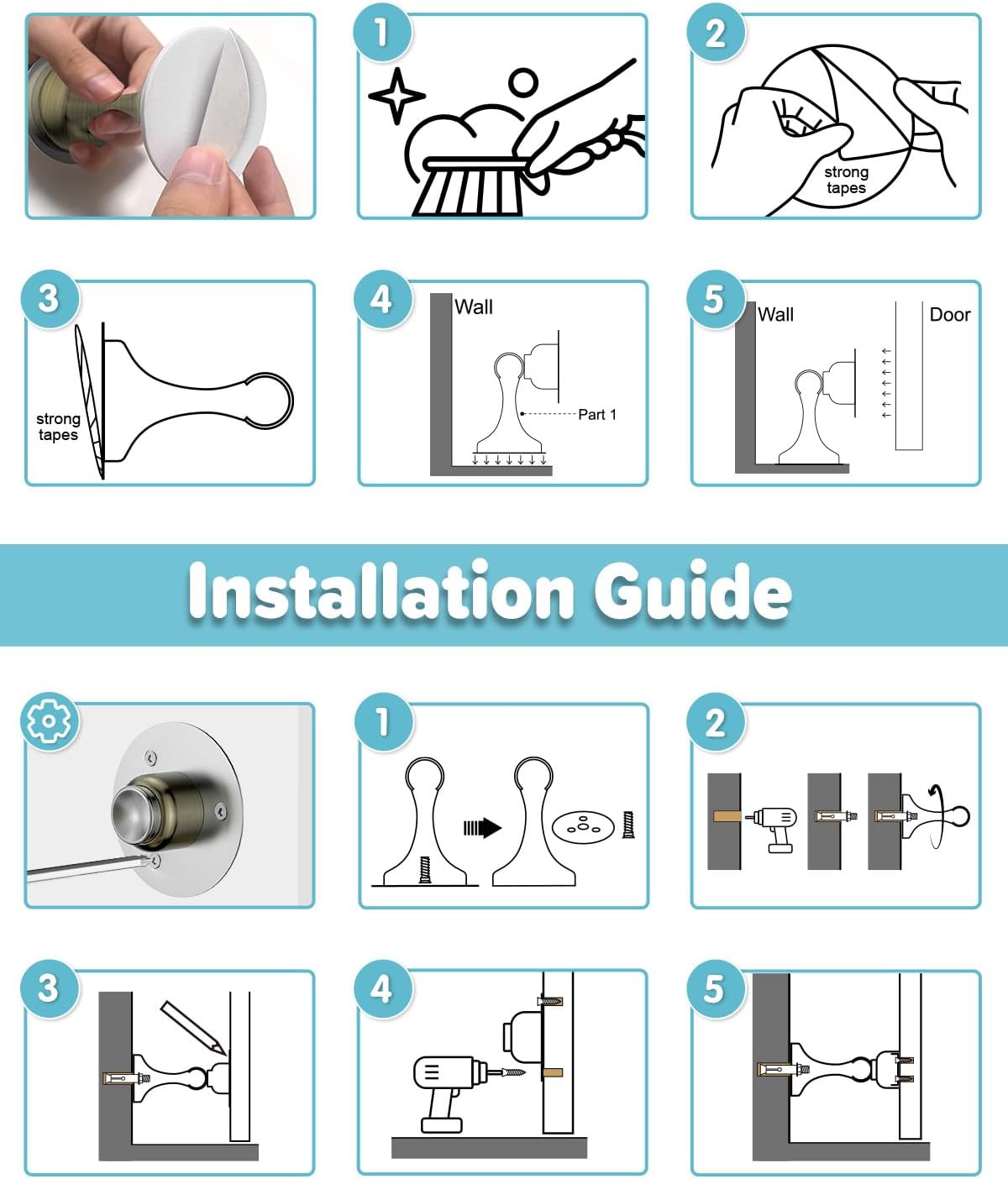 Door Stoppers Magnetic Door Catch - 4 Pack Stainless Steel Heavy Duty Door Stops for Bottom of Door, Wall & Floor Mounting No-Drill Strong Adhesive & Screws, Strong Door Holder to Keep Door Open