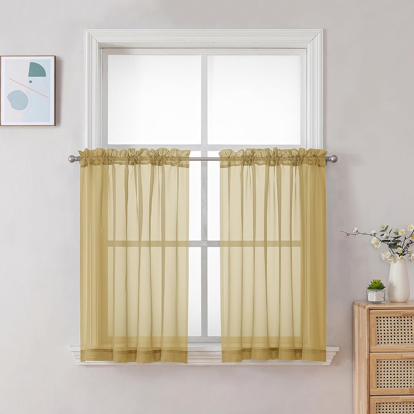 Chyhomenyc Gold Sheer Curtains 30 inch Length 2 Panels, Light Filtering Voile Rod Pocket Short Window Curtians for Bathroom Living Room Farmhouse Small Windows, 42Wx30L inches