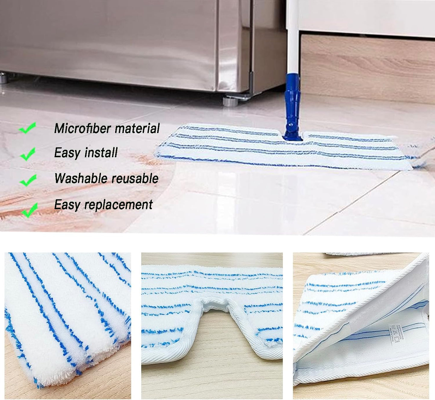 2 Pack Microfiber Mop Replacement Heads，Compatible with O-Cedar Dual Action Flat Mop for Dry/Wet Use Machine Washable Reusable Flip Mop Refills All Surface Cleaning(Blue White Stripe)