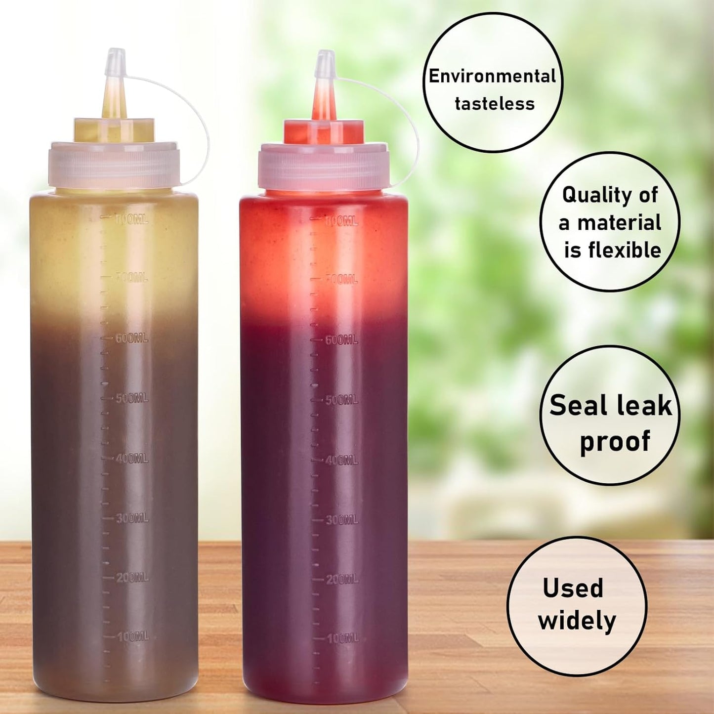 Squeeze Bottles for Sauces 2 Pack, 27 Ounce 800ml Plastic Dressing Squirt Bottles with Cap Lids, Condiment Bottle for Liquids BBQ Dressing Pancake Art Dispenser