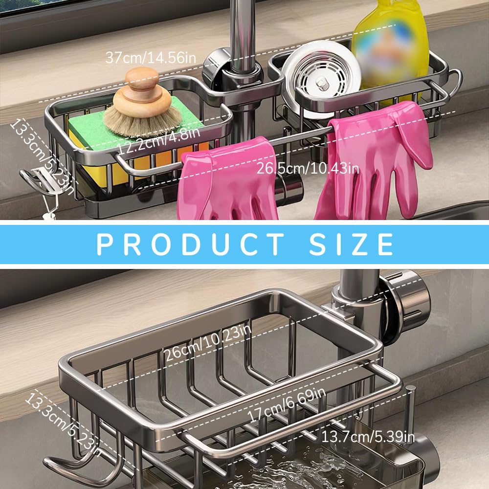 Sink Organizer Rack for Kitchen and Bathroom, 2024 New Kitchen Sink Faucet Organizer with Drip Tray Faucet Sponge Holder (Grey, Left+Right)