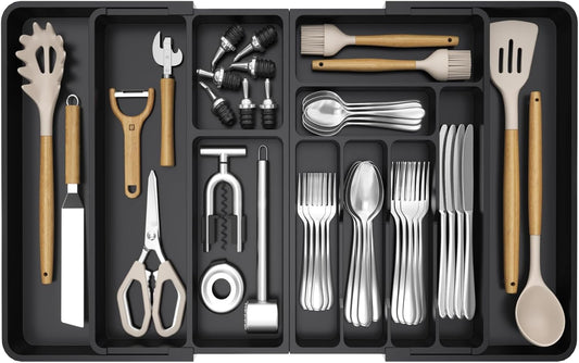 Lifewit Large Silverware Drawer Organizer, Plastic Cooking Utensil Tray for Kitchen, Expandable From 21 to 36 Inches, Adjustable Flatware Cutlery Spoon Fork Knife Spatula Gadgets Holder, Black