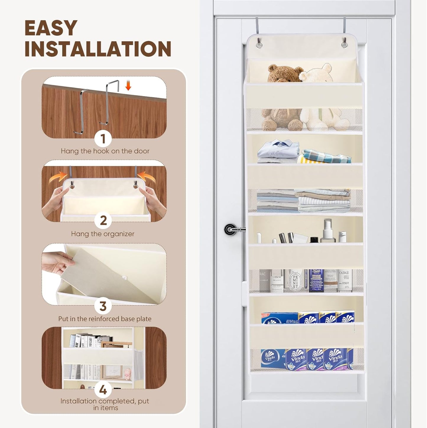 QINGUANG Over The Door Organizer,Hanging Organization and Storage, Behind Door Organizer with Side Pockets, 35 lbs Capacity,Anti Tilt, for Nursery, Bathroom, Bedroom,Dorm 4-Shelf Beige