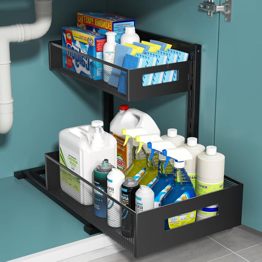 Under Sink Organizer, Metal Under Sink Organizers and Storage, Slide Out Pull Out Cabinet Organizer for Kitchen, Bathroom, Pantry, Laundry, Study, Black