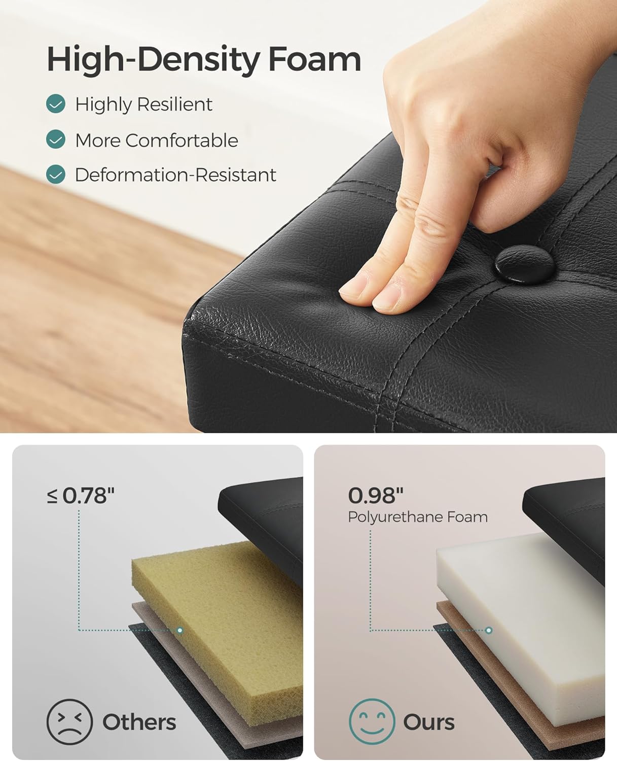 SONGMICS MAZIE Collection - 15 Inches Ottoman with Storage, Footstool, Storage Ottoman with Metal Grommet Handles, Load 660 lb, for Dorm, Living Room, Bedroom, Synthetic Leather, Black ULSF30B