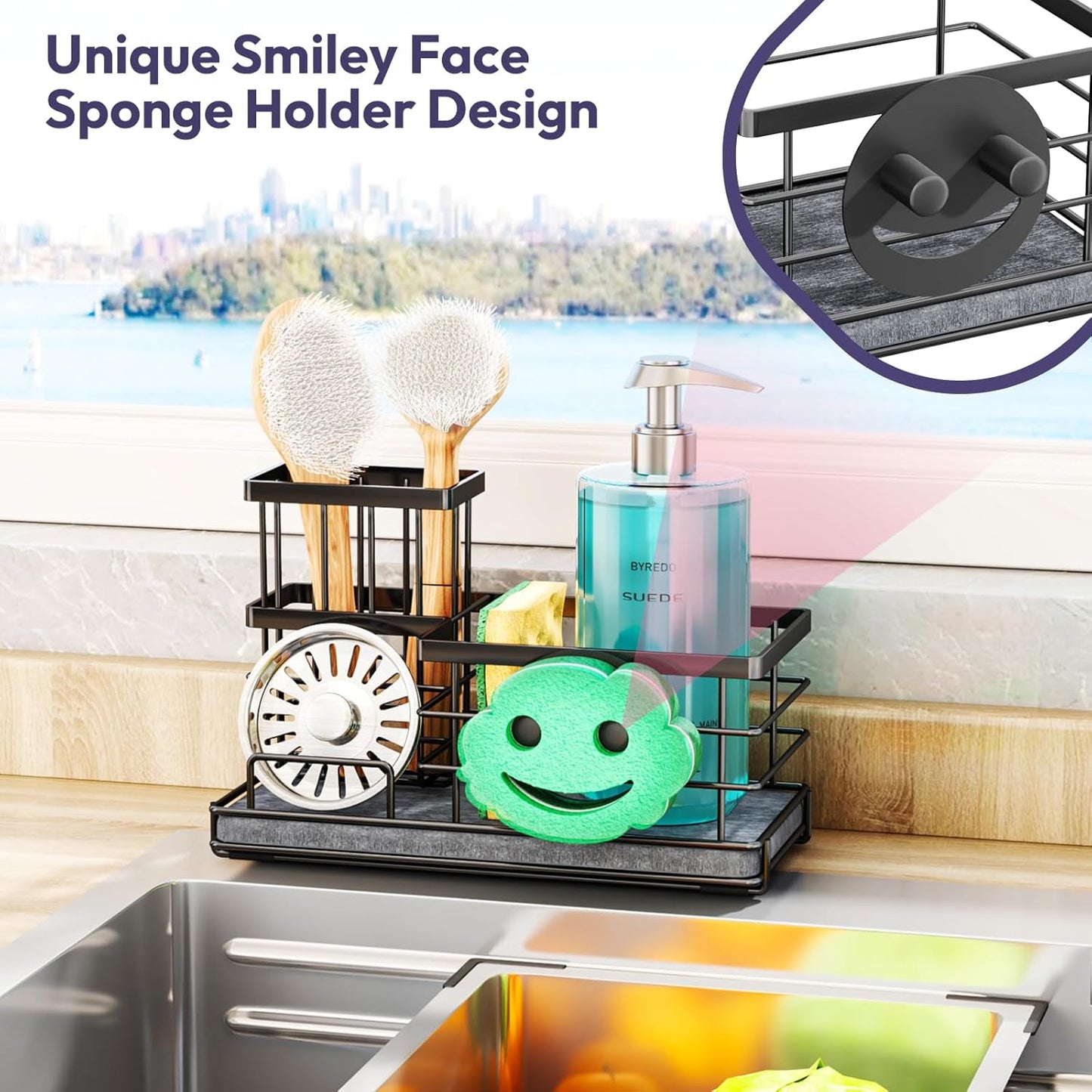 SWTYMIKI Kitchen Sink Caddy Organizer, Quick Dry Smiley Face Sponge Holder with Instant Drying Stone, Large Rustproof Sink Organizer for Kitchen Countertop Organization, Black