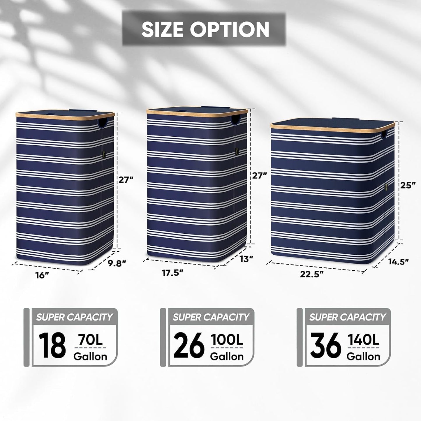 BALEINE Laundry Hamper with Lid, Tall Laundry Baskets with Bamboo Pull Handles, Large Laundry Bin with Internal Support (26 Gal/100L, Blue Pinstripe)