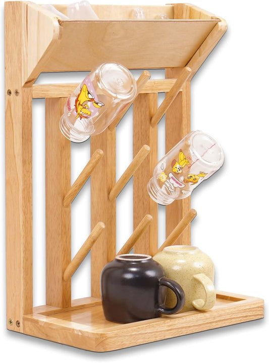 Natural Vertical Bottle Drying Rack Rubber Wood 9 Hooks, Use for Bottles, Cups, Mugs, Glasswine, Space Saving Storage Shelf Bottle Holder Dryer Kitchen